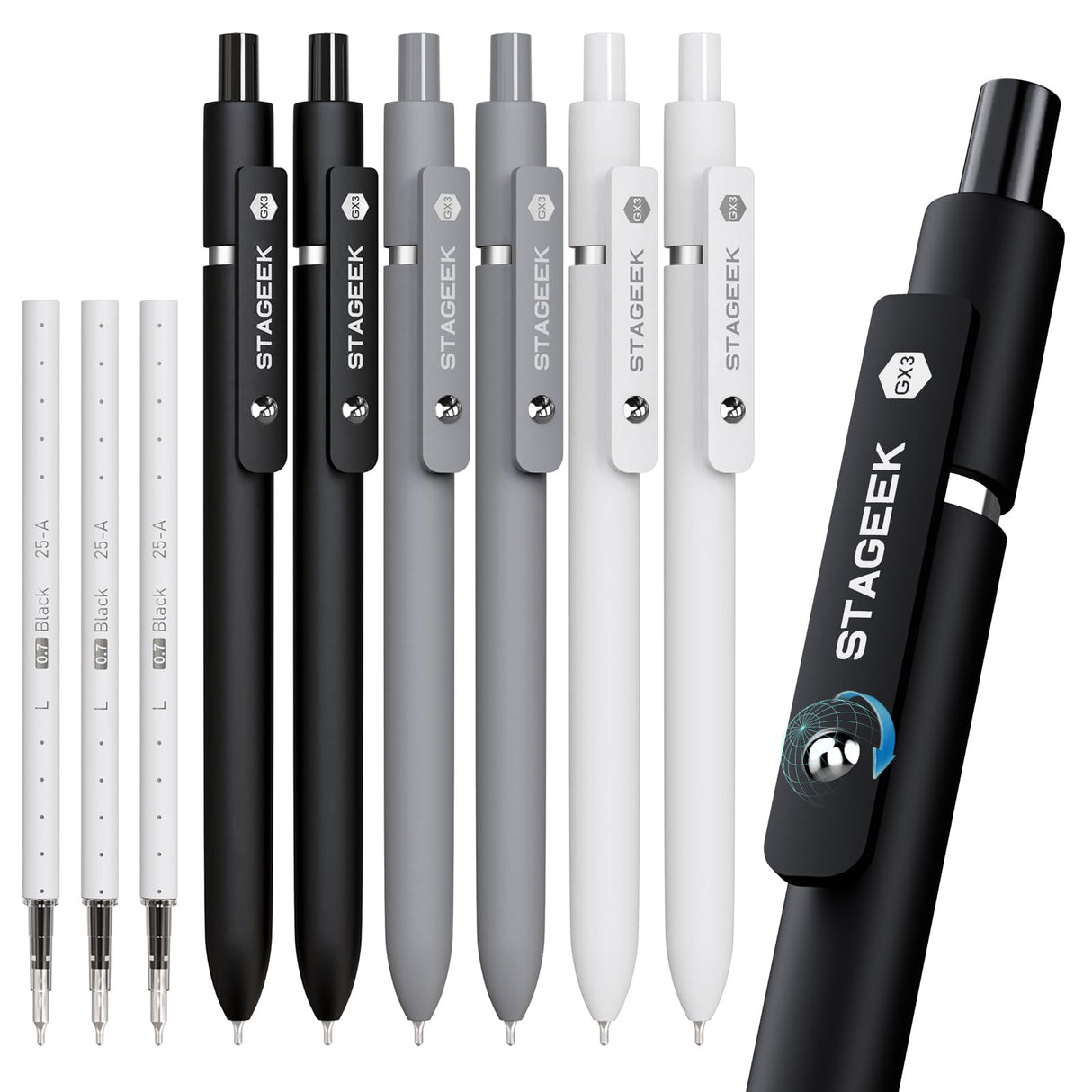 STAGEEK Black Gel Pens GX3, 6 Pcs Fine Point Smooth Writing Pens with 3 Extra Refills, Quick Dry Black Ink Pens for Journaling, Office, Note Taking, School Supplies, Nurse Aesthetic(Black Gray White)