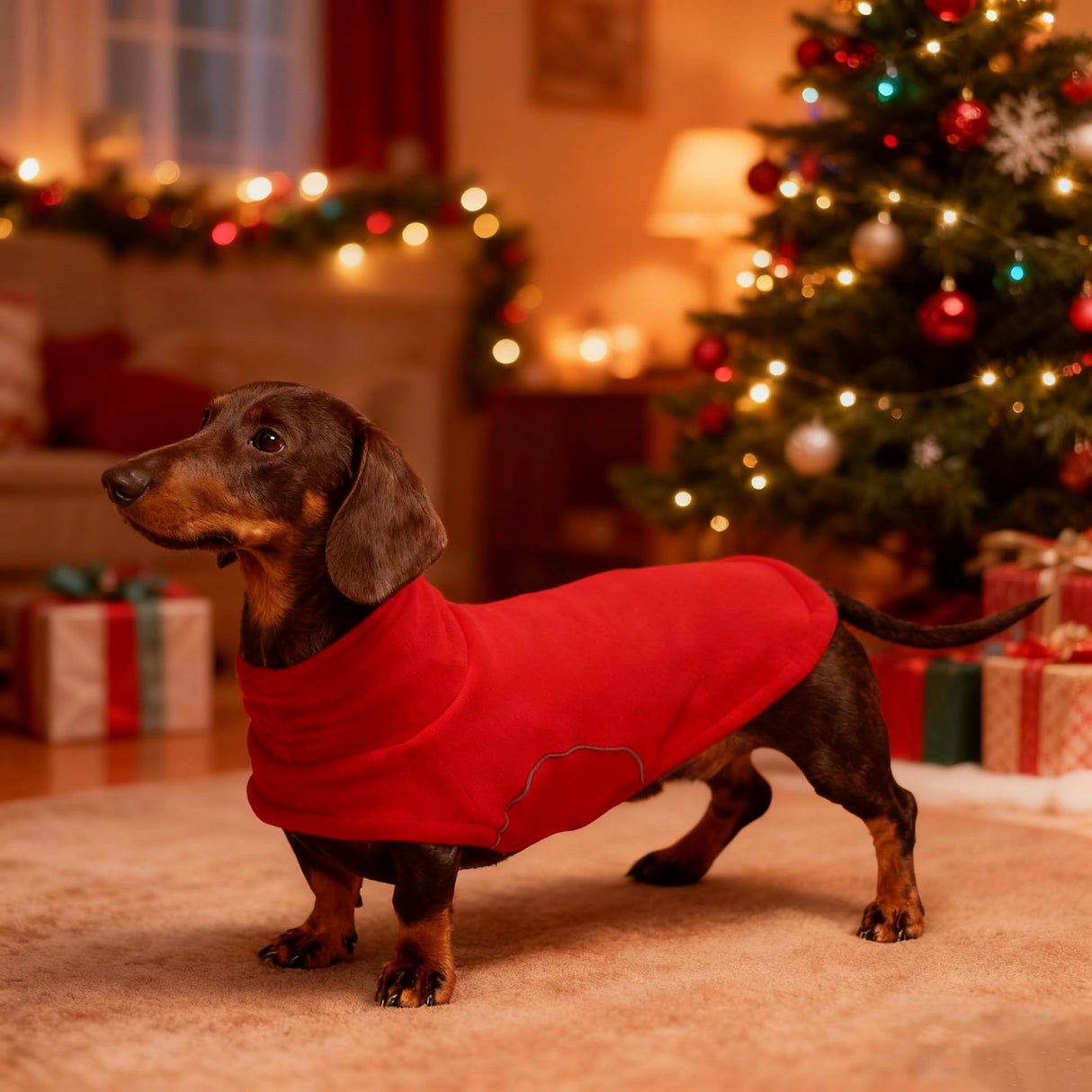 Brabtod Dog Fleece,Soft Dachshund Sweater,Cozy Pet Dog Vest Pullover Jacket with Leash Hole,Miniature Dachshund Clothes for Cold Weather(Red,Medium)