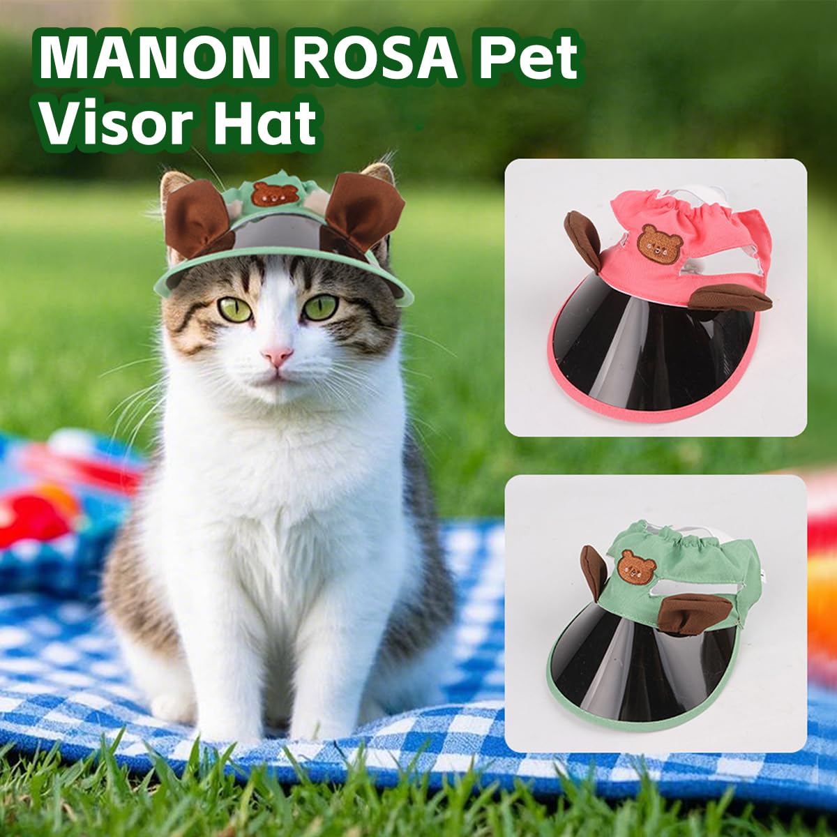 Pet Sun Visor Hat for Small Medium Dogs & Cats - UV Protection Cap with Bear Ears Adjustable Strap Ear Holes, Summer Sunshade for Puppies Pug Chihuahua Shih Tzu Yorkshire Terriers (Green,Small)