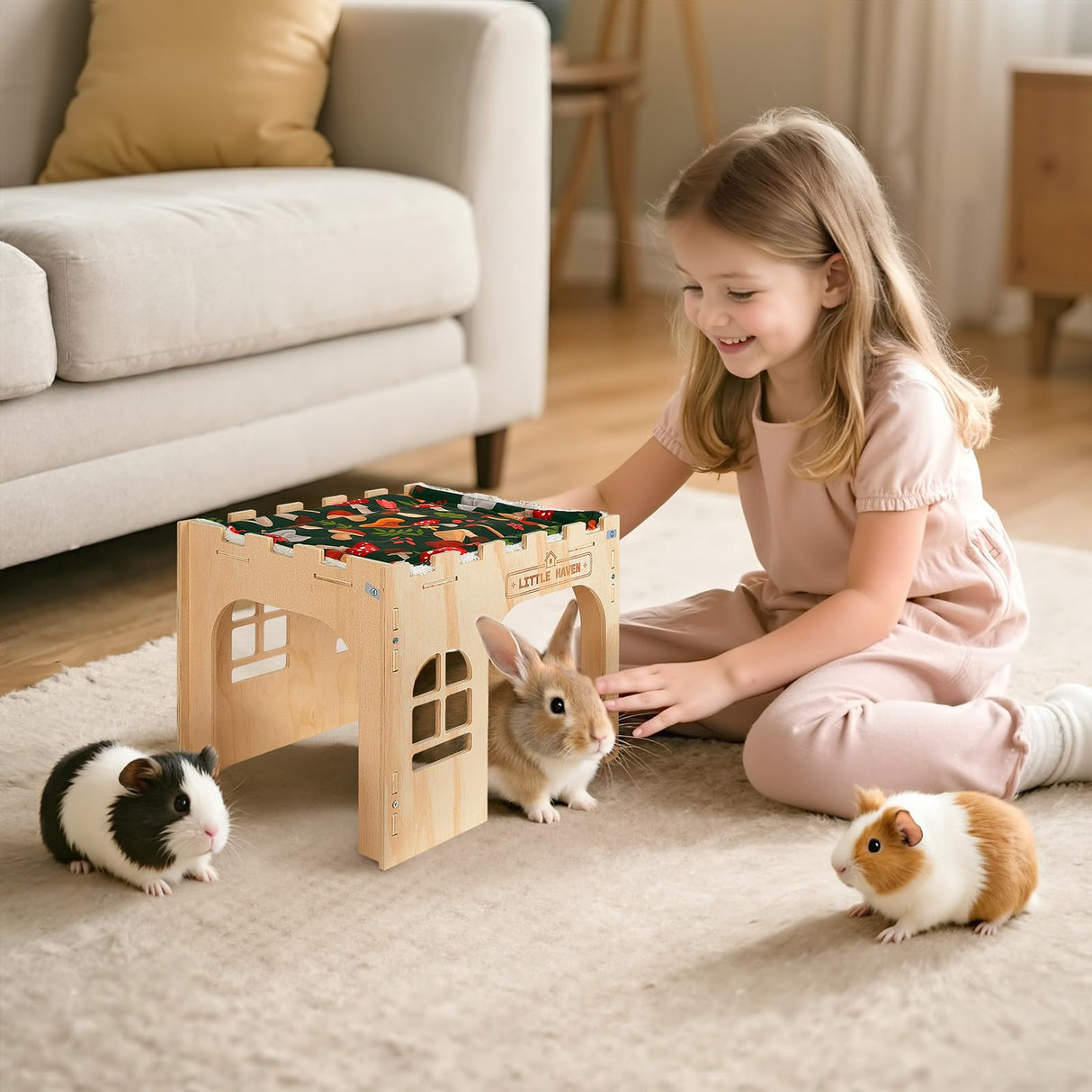 Glittme Wooden Rabbit Castle Hideout - Large Indoor Bunny House & Guinea Pig Hut with Roof Platform Bed Enrichment Cage Accessories for Chinchilla Ferret (Mat Included)
