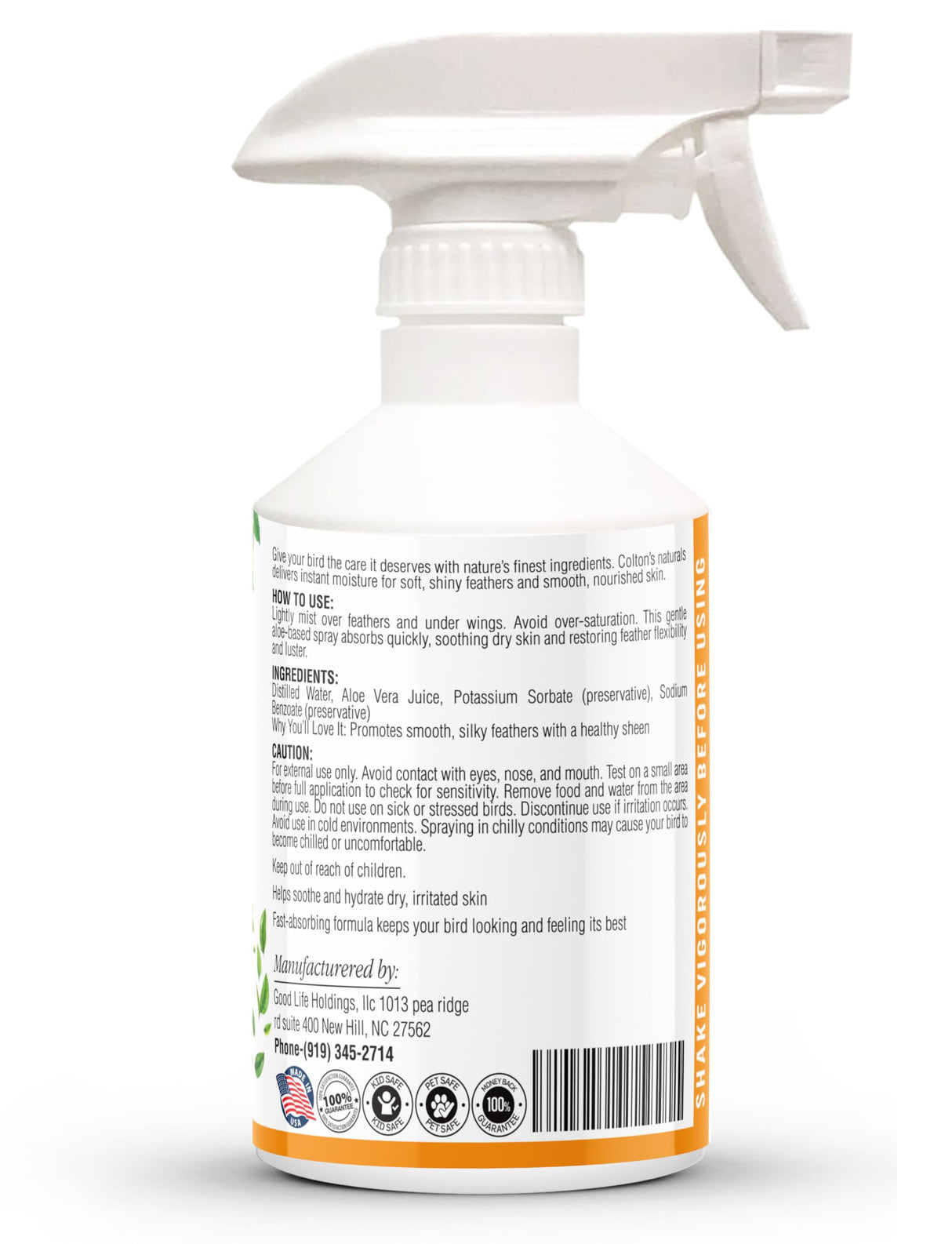 Bird Aloe Vera Spray – Soft Feathers Conditioner & Skin Moisturizer -16 OZ- for Parrots, Cockatiels, Conures & All Birds – Natural Aloe Mist for Molting Relief, Sooths Itchy Dry Skin Feather Plucking