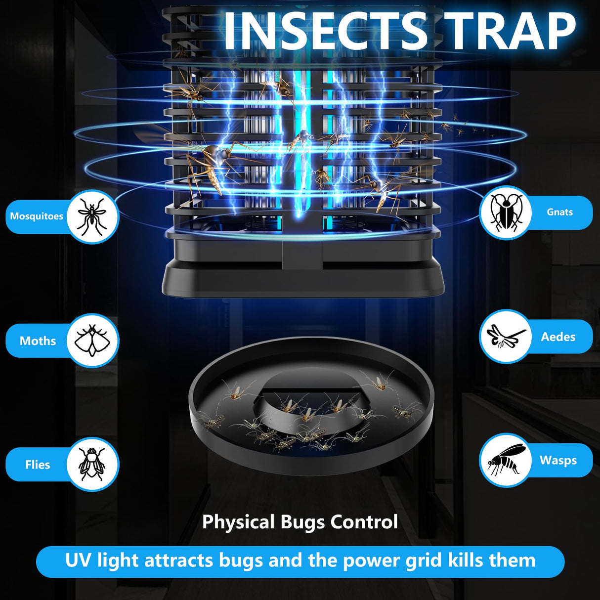 Home4me Solar Bug Zapper with LED Light for Outdoor, 4000mAh Battery Powered Mosquito Zapper, Mosquito Traps, Cordless Mosquito Killer, Electric Moth Zapper for Patio Backyard, Rechargeable, Blue