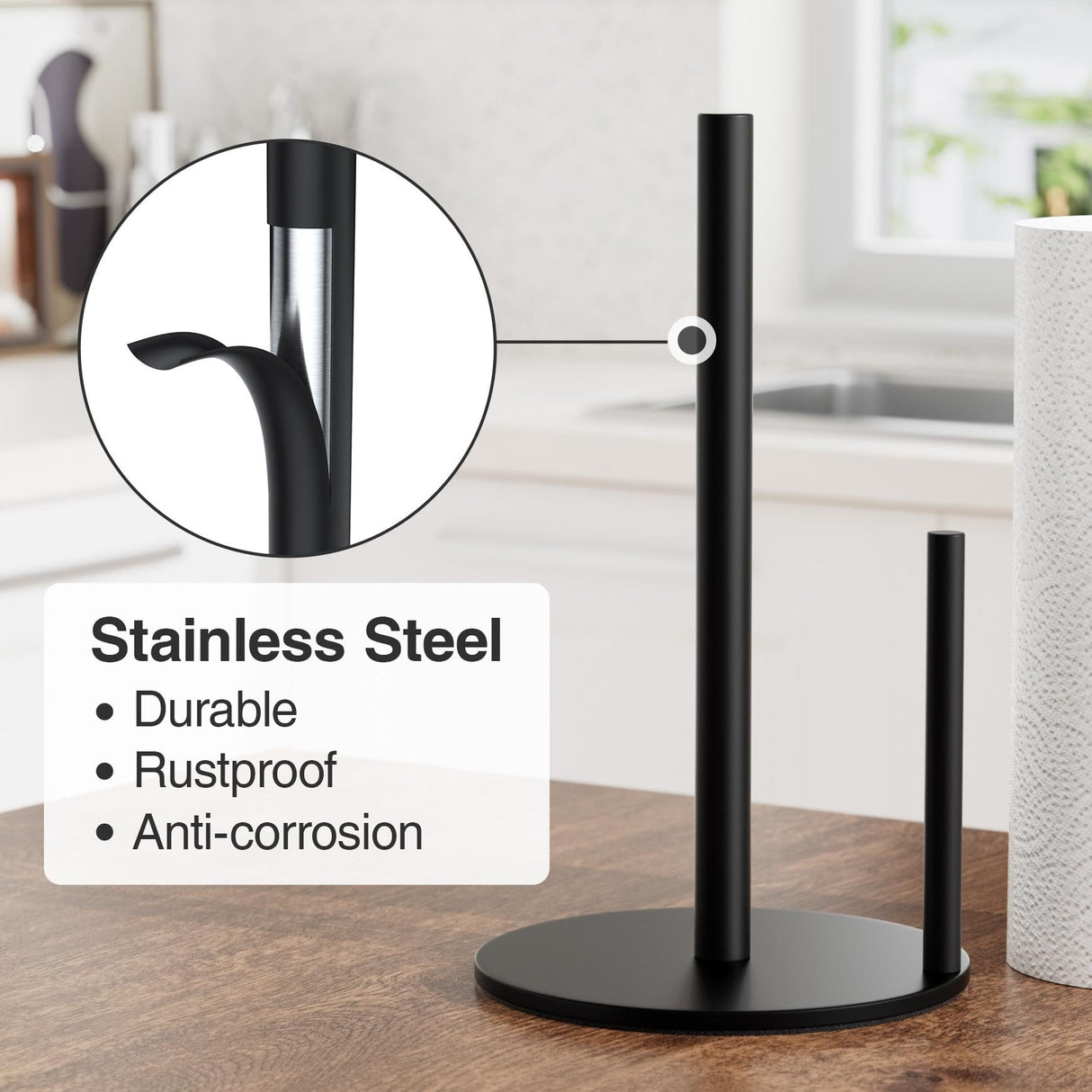 Paper Towel Holder Black, Premium Stainless Steel Kitchen Roll Dispenser, Countertop Roll Organizer with Weighted Base