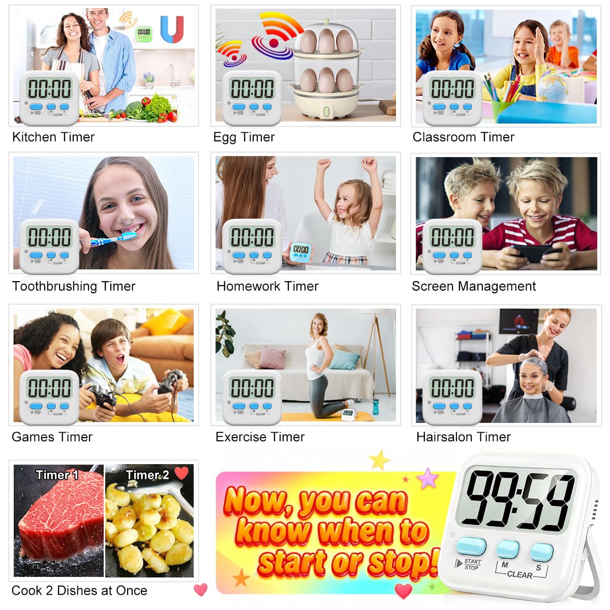 2 Pack Digital Timer for Kids, Magnetic Countdown Kitchen Timers for Cooking, Egg, Classroom, Teacher, Exercise, Study, Oven - Battery Included