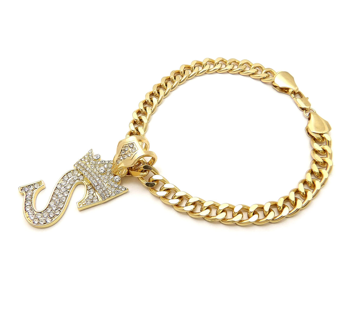 Icemond Rhinestone Studded Initial Pendant 26" Cuban Chain Fashion Costume Jewelry Necklace for Dogs Cats in Gold or Rhodium Tone (Gold - S)