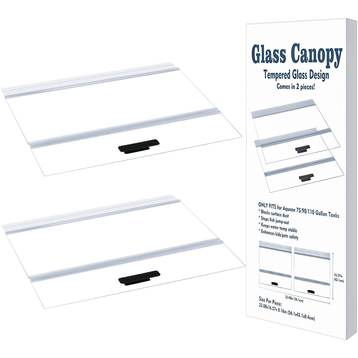 2PCS Set Glass Canopy, 22.08 x 16.57in (Each PCS) Clear Tempered Aquarium Fish Tank Hoods with Aquarium Lid Clips, ONLY FITS Aqueon 75/90/110 Gallon Aquarium Fish Tank