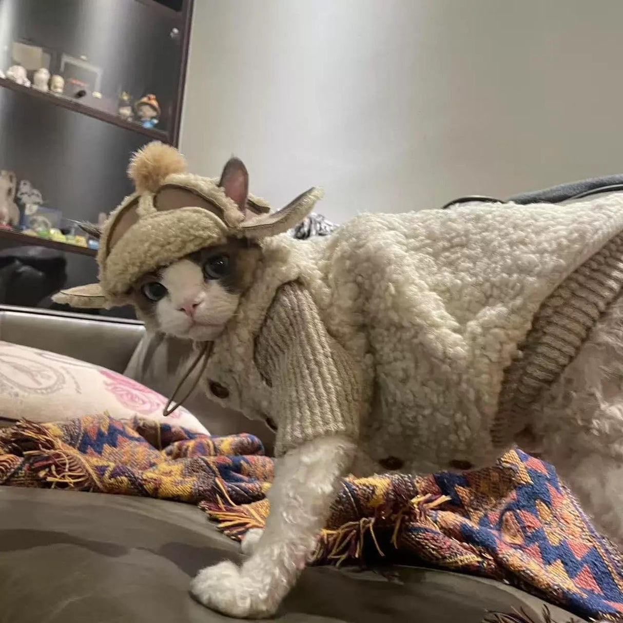 Retro Fleece Vest with Hat for Devon Rex and Hairless Cats Warm Winter Clothing for Cat & Dog (XL(10-13lbs))