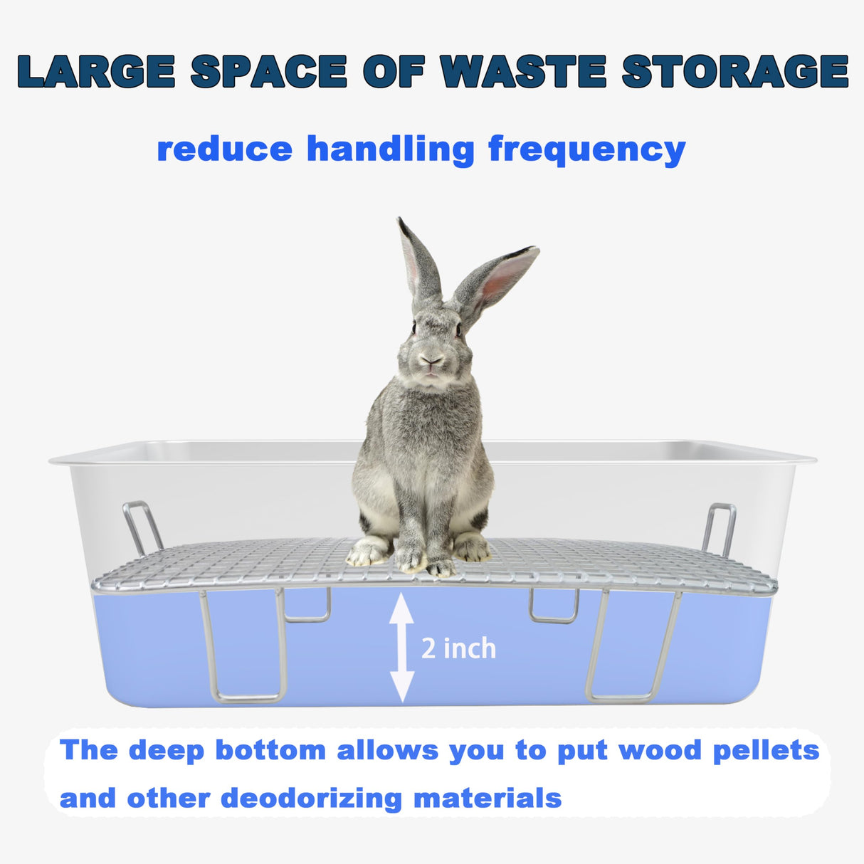 HUQIZOO Stainless Steel Rabbit Litter Box,Bunny Litter Pan with Widened Grid,Toilet Tray,High Back Wall,Deep Waste Storage (Medium)