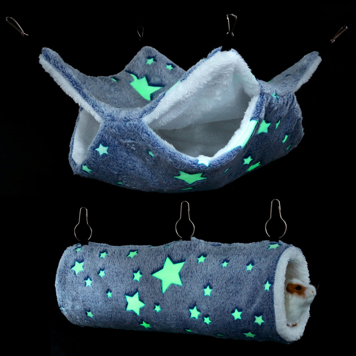 Mogoko Noctilucent Luminous Guinea Pig Rat Hammock Bunkbed Hanging Tunnel and Soft Bed Mat for Ferret Hedgehog Squirrel Hideout Cage Accessories (Tunnel and Bunkbed Hammock)