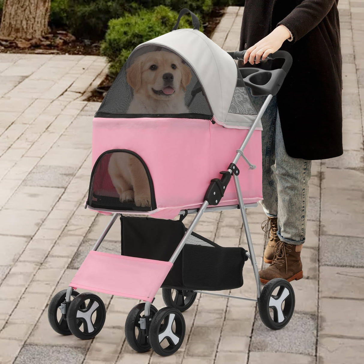 Athena Collection 4 Wheels Pet Stroller for Medium Dogs 33 Lbs Puppy Cat Pet Dog Stroller with Detachable Carrier, Cup Holder Tray, Bottom Storage, Pink