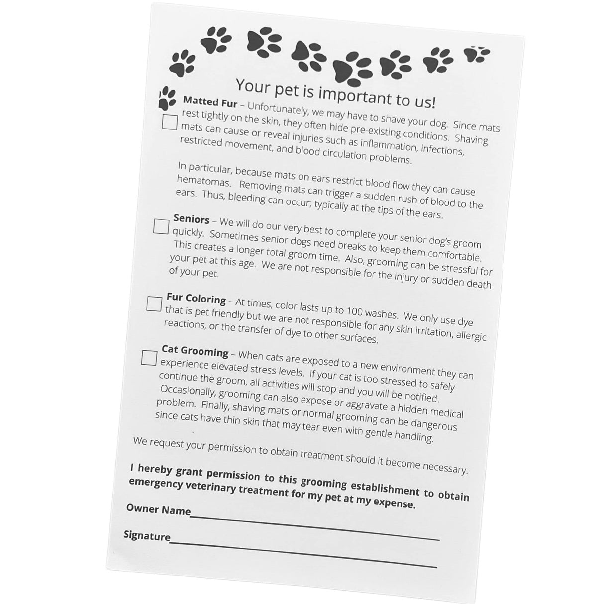Grooming Pet Release Forms (100 Sheets, 5.5" X 8.5") Dog Grooming Salon Must Haves Address matted Fur, Senior Dogs,Fur Coloring, and Cats, Dog Grooming Supplies for Professional Groomers