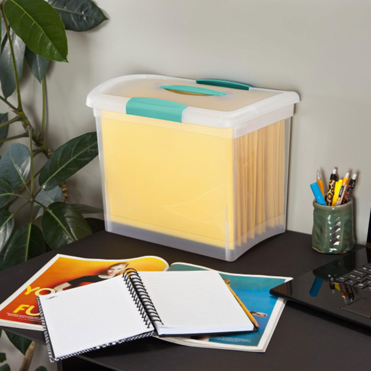 Sterilite Large Nesting ShowOffs, Stackable Small Storage Bin with Latching Lid and Handle, Plastic Container to Organize Office Files, Clear, 6-Pack