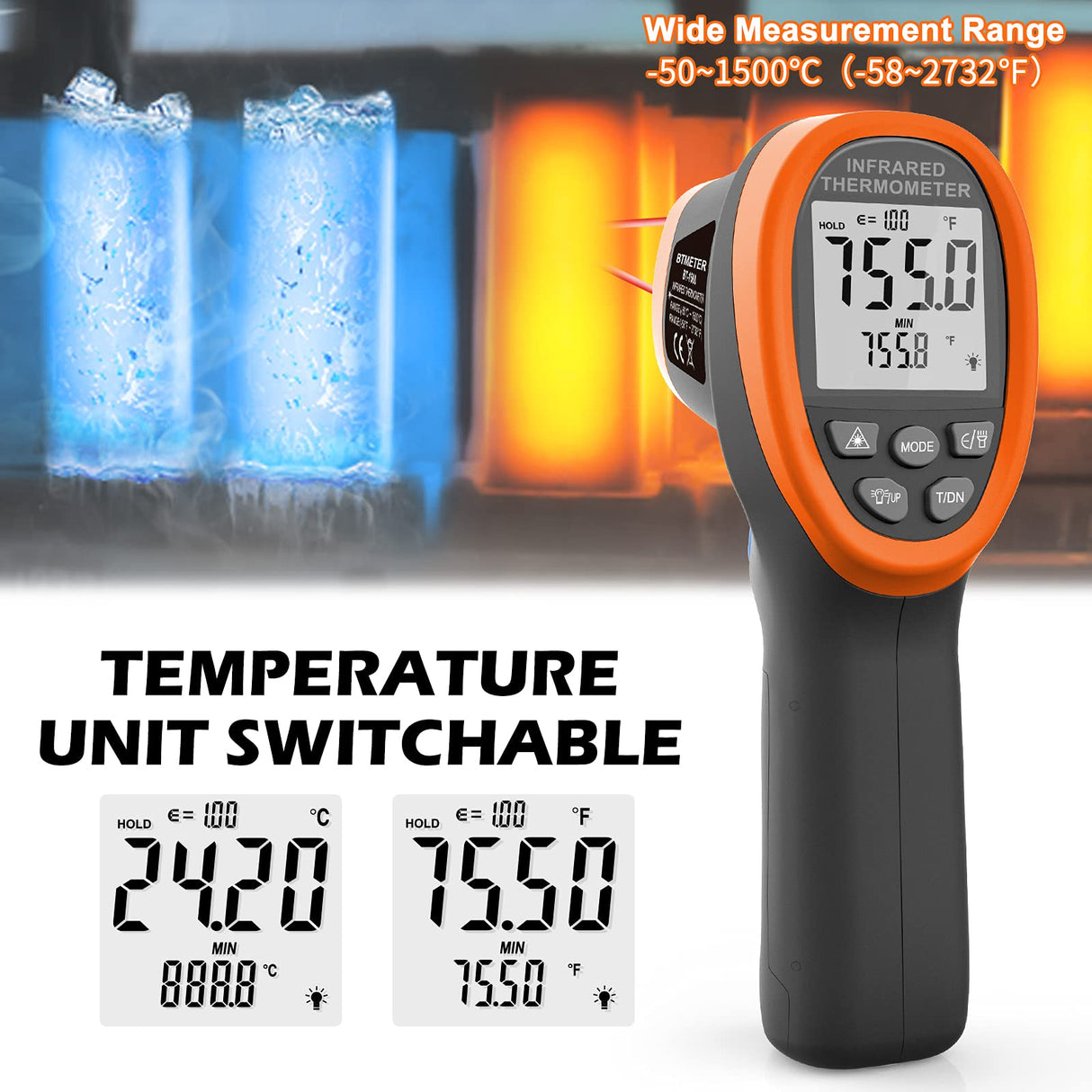 BTMETER BT-1500 Pyrometer 30:1 Industrial Laser Thermometer Gun, -58β to 2732β Non Contact High Temp Infrared Thermometer Digital IR Temperature Gauge Orange(NOT for Human Temp Test)