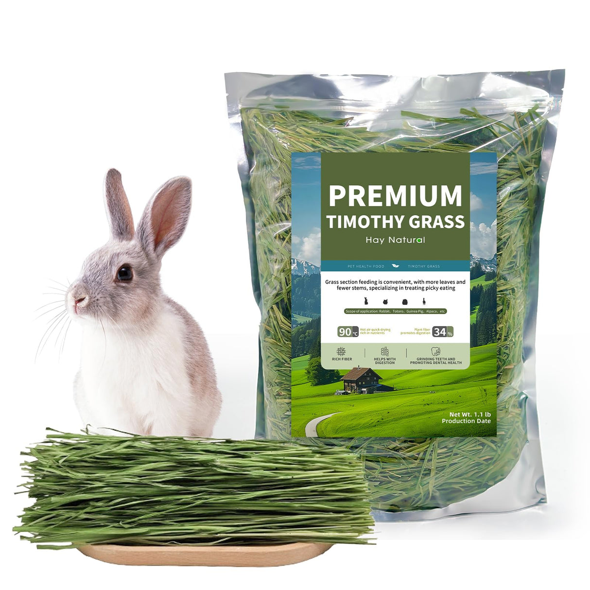 Hay Natural Oven-Baked Timothy Hay for Guinea Pigs, Rabbits & Chinchillas, All Natural High Fiber Food for Digestive Health, 1.1 LB