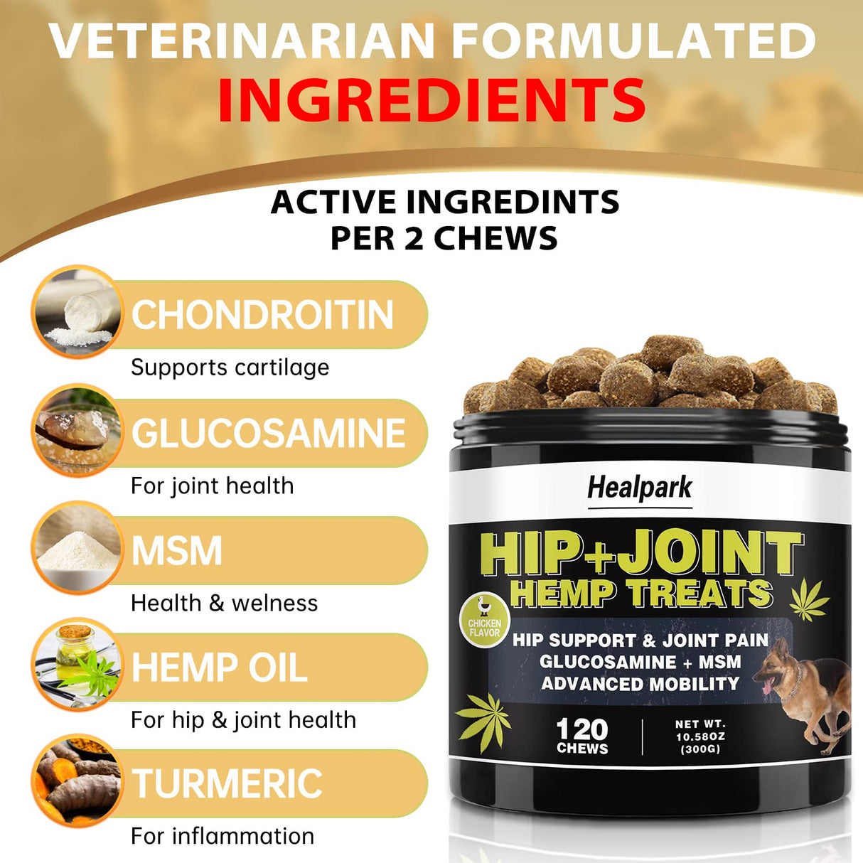 Hemp Hip and Joint Supplement for Dogs - Glucosamine for Dogs - Chondroitin, Hemp Oil, MSM & Turmeric - Support Joint Mobility, Joint Pain Relief, Hip Dysplasia, Arthritis Health Care - 120 Chews