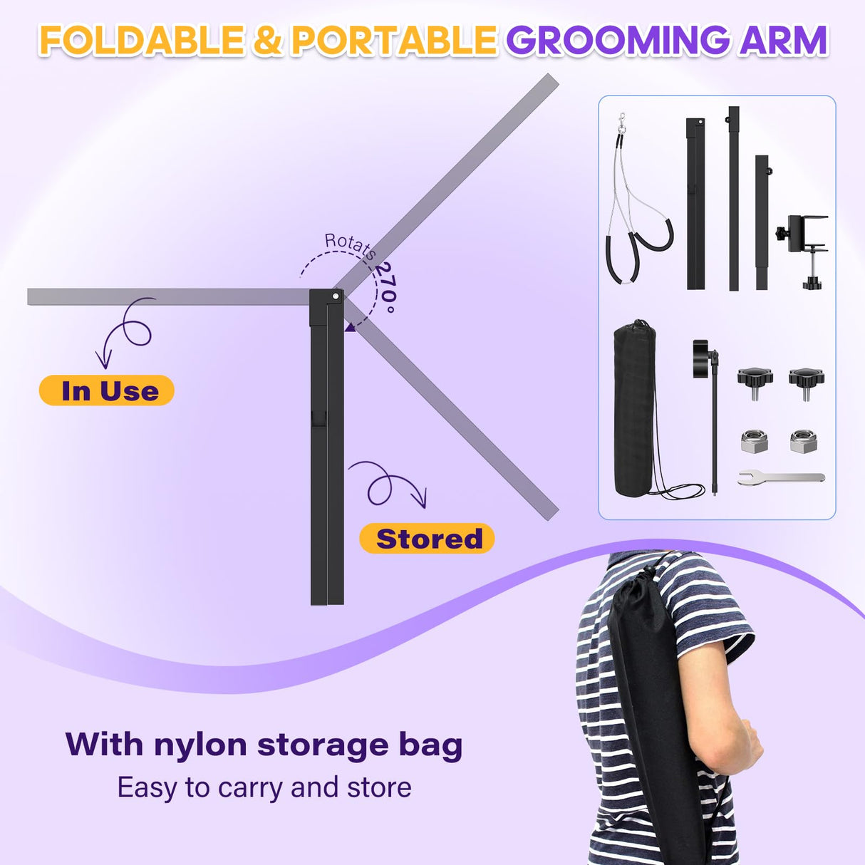 Dog Grooming Arm with Metal Clamp, Dog Grooming Table Arm & Hair Dryer Stand Hands Free Blower Hose Holder 2 in 1, Adjustable Grooming Arms for Tables with Loops for Groomers for Small Medium Pets