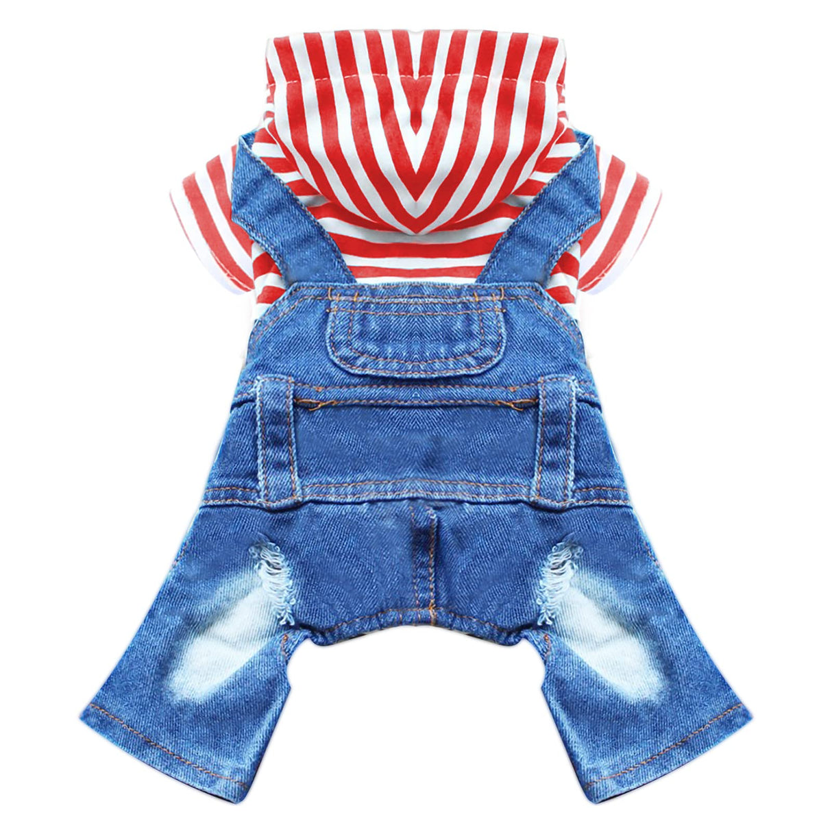 DOGGYZSTYLE Small Dog Hoodie Clothes Cute Stripe Shirts Denim Jumpsuit One-Piece Outfit for Small Medium Dogs Cats Boy Girl Chihuahua Blue Jeans Overalls Puppy Costume (Red,XL)