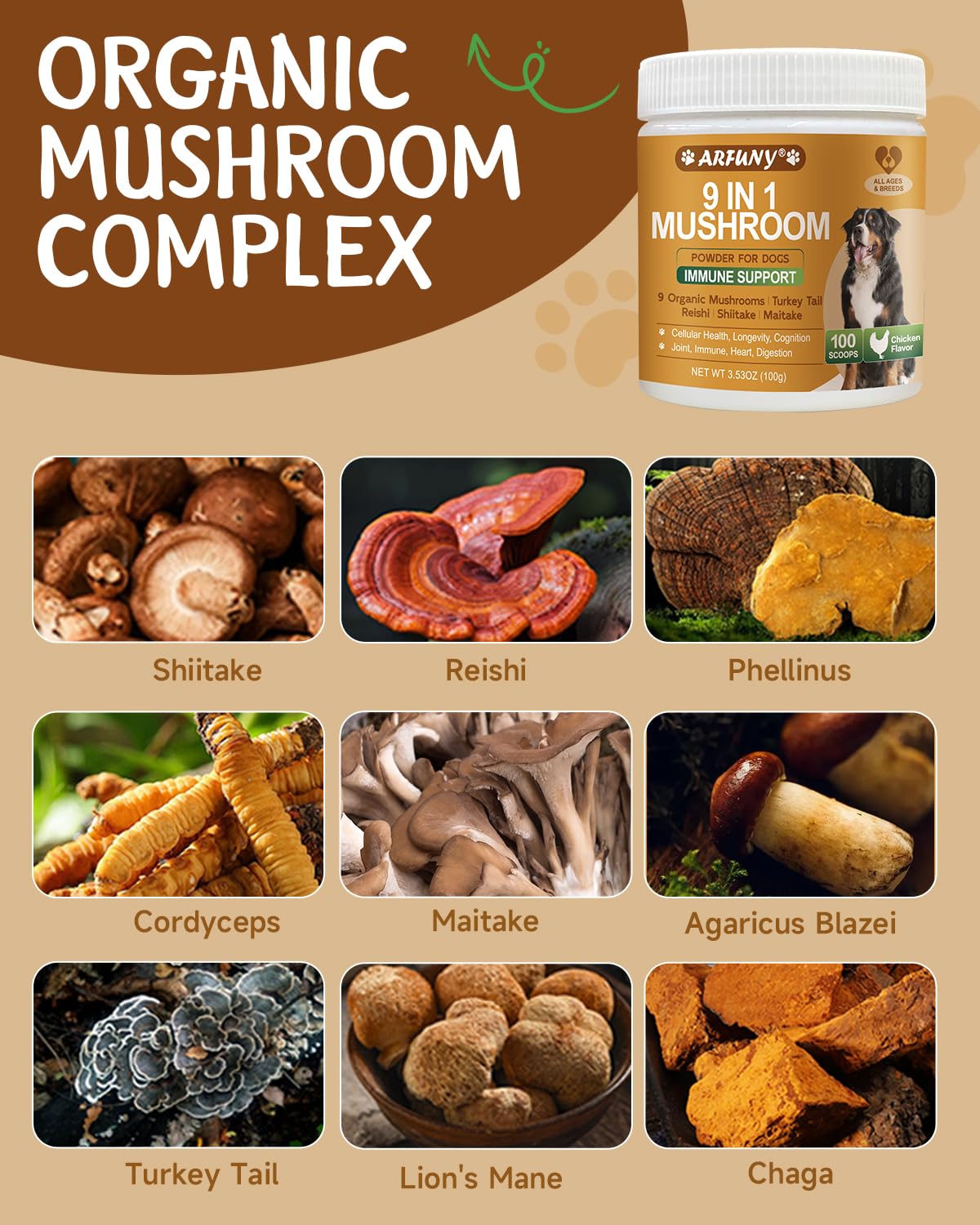 Mushroom for Dogs - Turkey Tail for Dogs - 9 Organic Mushroom Supplement with Turkey Tail, Reishi, Lions Mane - Hip & Joint, Skin & Coat, Digestive, Cellular, Immune Health Support - Chicken Flavor