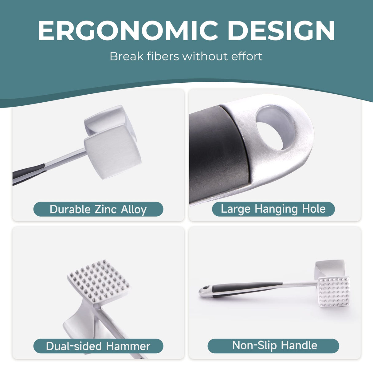 Meat Tenderizer Hammer with Comfortable-Grip Handle, Dual-side Mallet for Kitchen, Heavy Duty Pounder For Tenderizing Steak, Beef and Fish