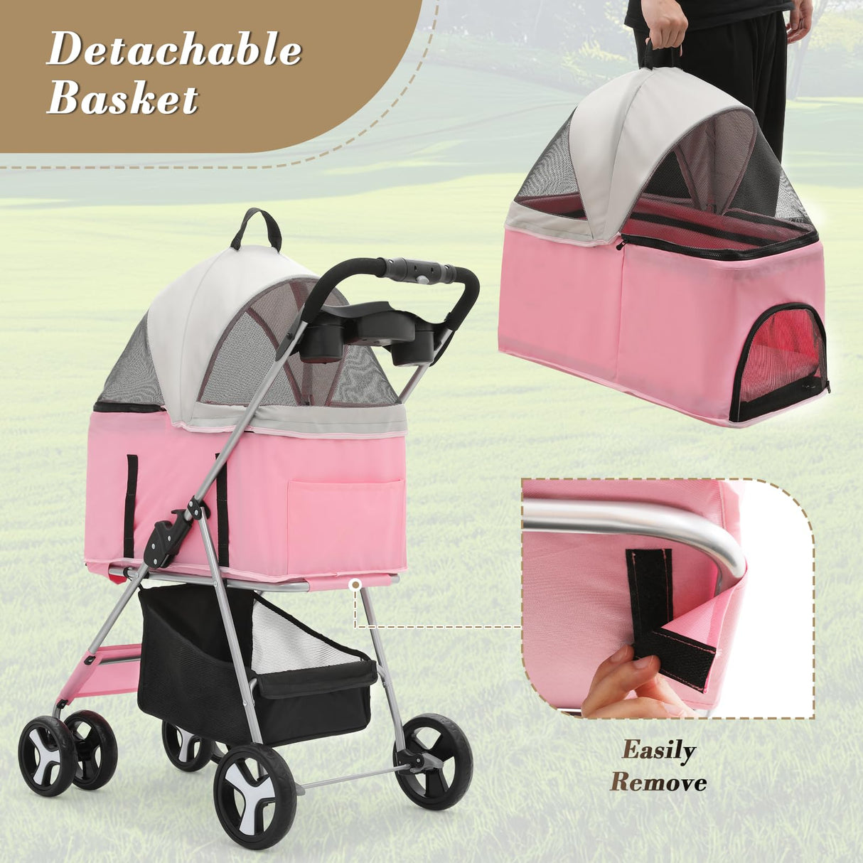 Athena Collection 4 Wheels Pet Stroller for Medium Dogs 33 Lbs Puppy Cat Pet Dog Stroller with Detachable Carrier, Cup Holder Tray, Bottom Storage, Pink