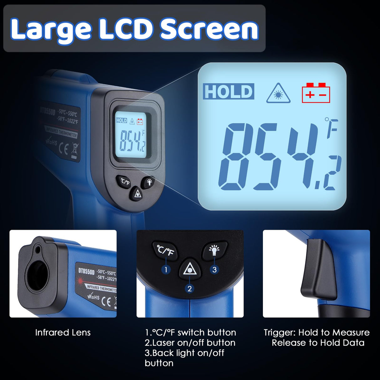 Infrared Thermometer Gun for Cooking, -58β~1022β, Digital Laser Temperature Gun for Deep Frying, Pizza, Blackstone, Reptiles, IR Thermometer with Carrying Storage Case, Larger Font, LCD Backlit, Blue