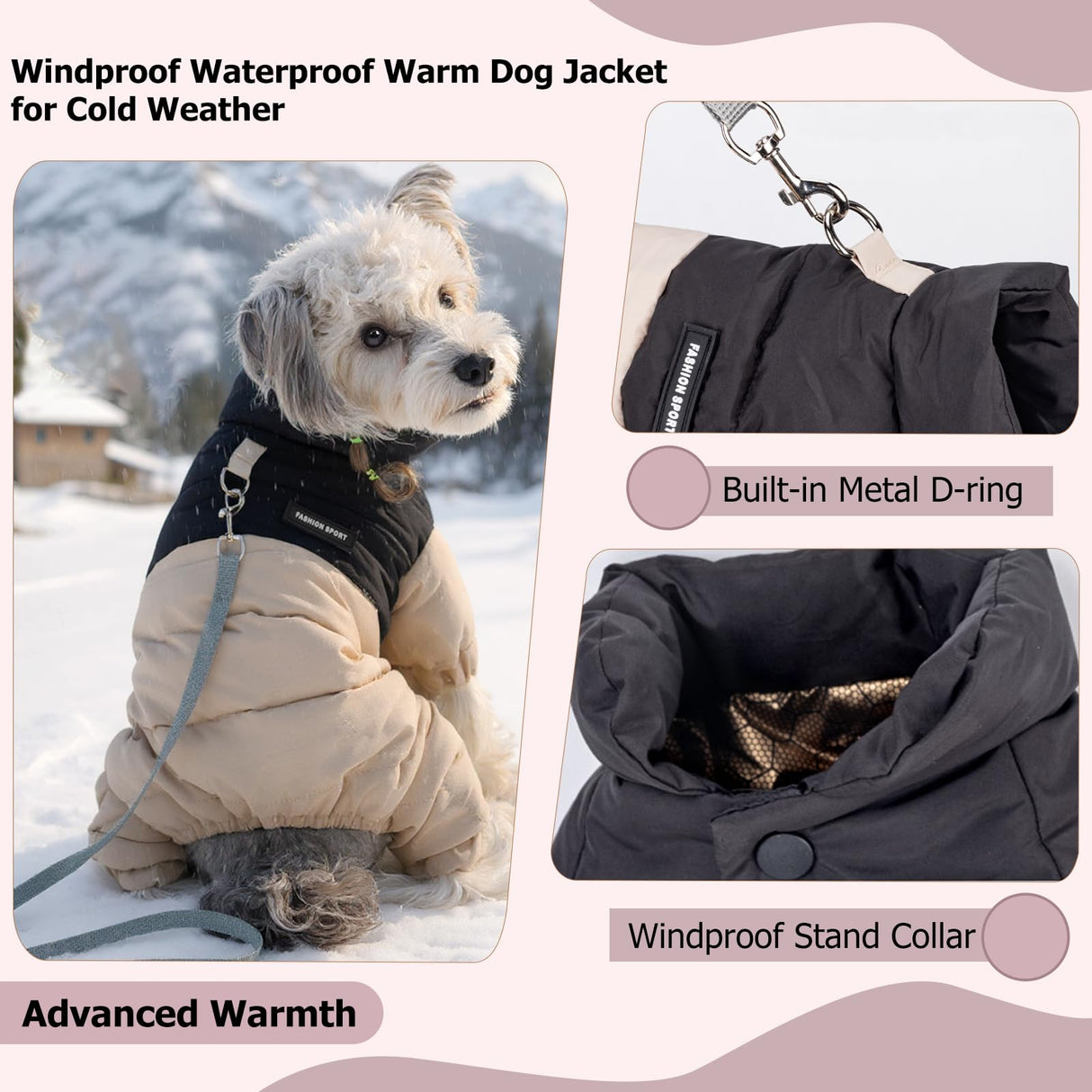 Duuclume Winter Dog Coat with Stand Collar,Windproof Waterproof Warm Dog Jacket for Cold Weather, Four Legged Pet Snowsuit (Beige, 2XL)