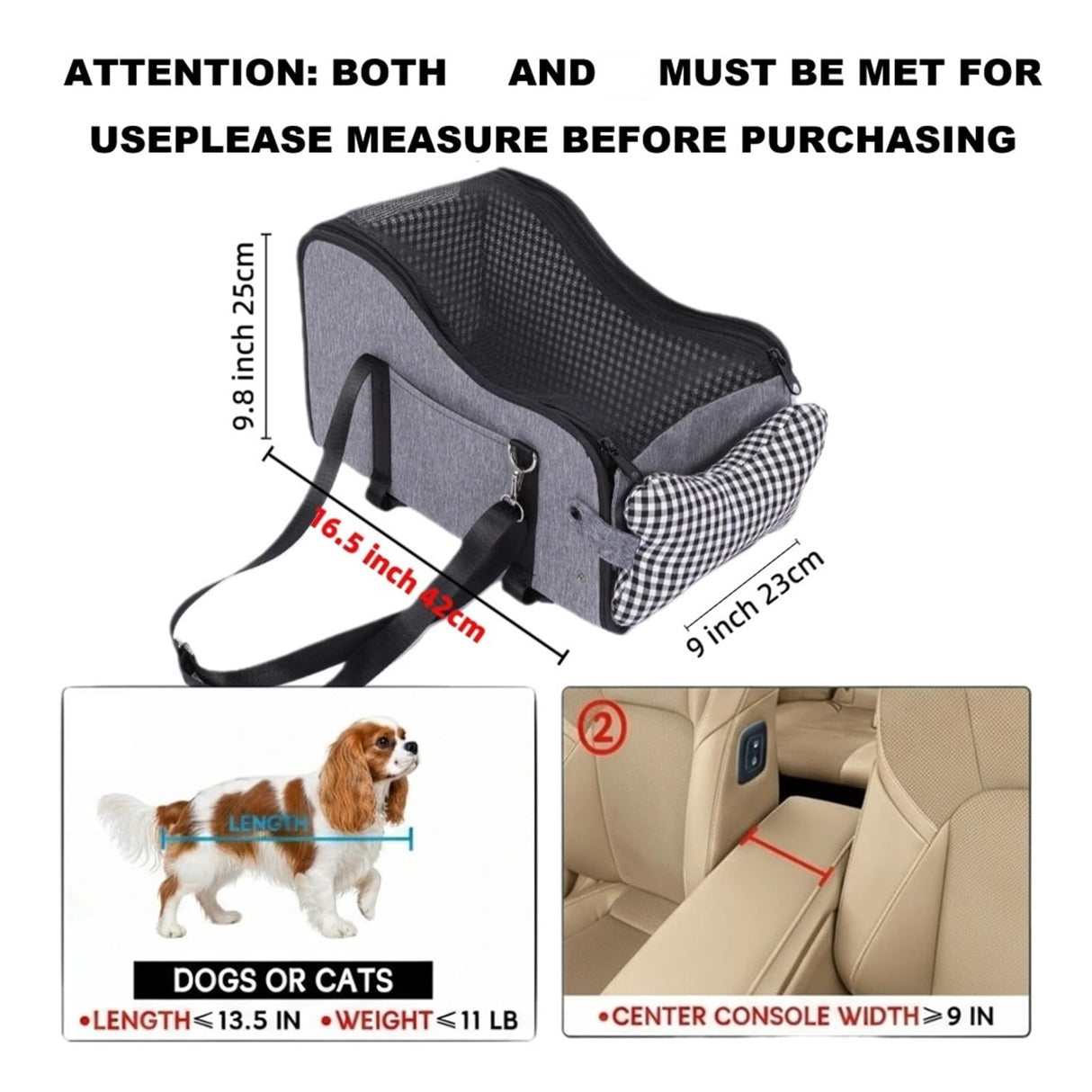 Center Console Dog Car Seat with Breathable Mesh Cover, Pet Puppy Car Seat, Middle Console Dog Armrest Booster Seat with Ventilated Mesh for Small Dogs&Cats
