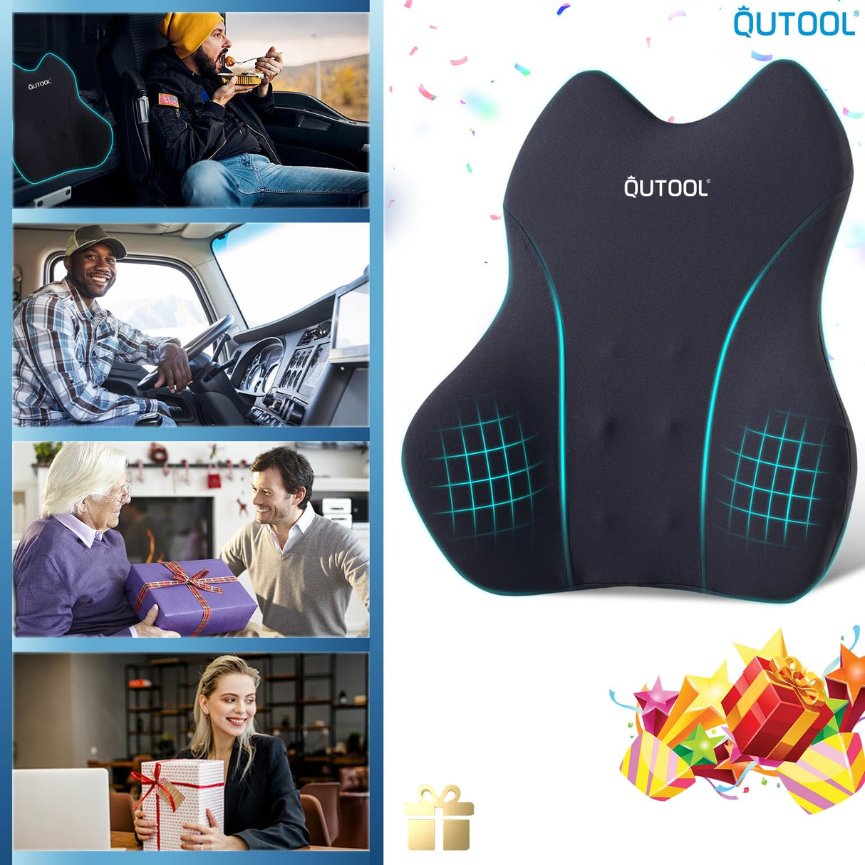 QUTOOL Lumbar Support Pillow for Car/Office Chair, Memory Foam Back Cushion for Car Seat, Back Pain Relief Adjustable Strap and Washable Cover, Lower Back Pillow Fits Most Cars, Trucks (Black)