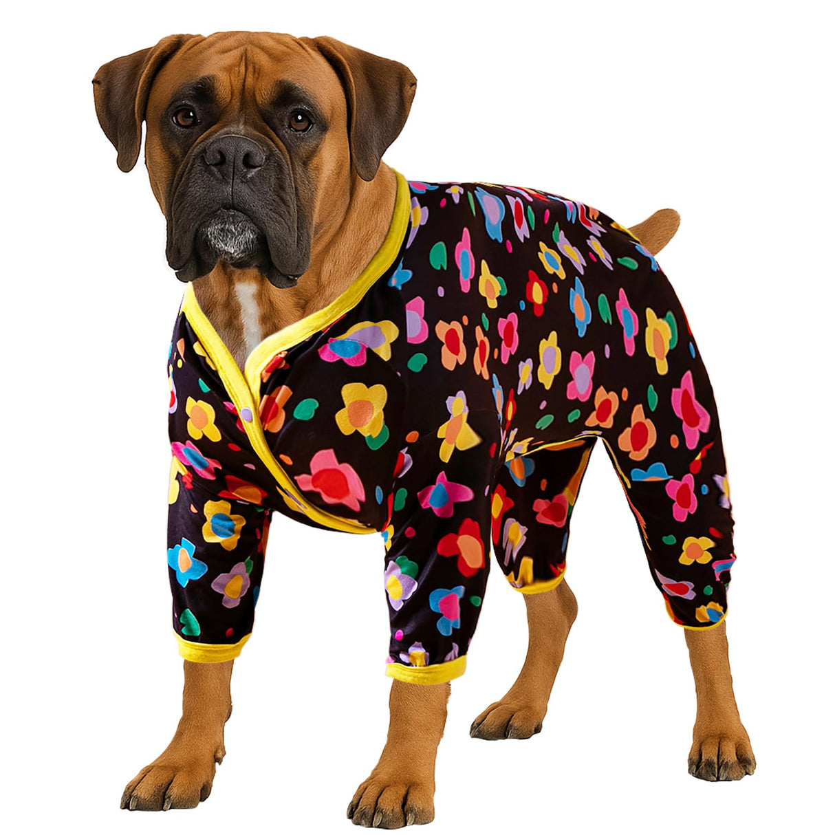 LovinPet Clothes for Labrador Pajama, Anxiety Calming Shirt,Anti Licking Dog Pajamas, Lightweight Fabric, Vintage Happy 2 Quilted Multi Print, Large Dog Pjs, Pitbull Clothes, Black Yellow M