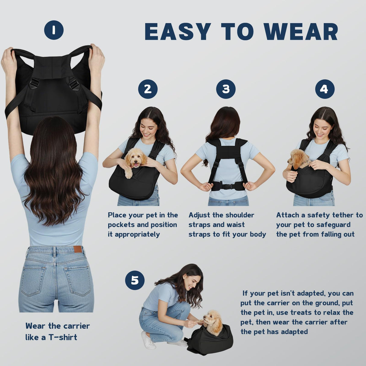 Dog Sling Carrier for Small Dogs with Bottom Support, Adjustable Pet Front Dog Carrier-Padded Straps Reducing Back Neck Pain, Anti-Anxiety Backpack for Travel Hiking Camping, Hands Free (Black,S)