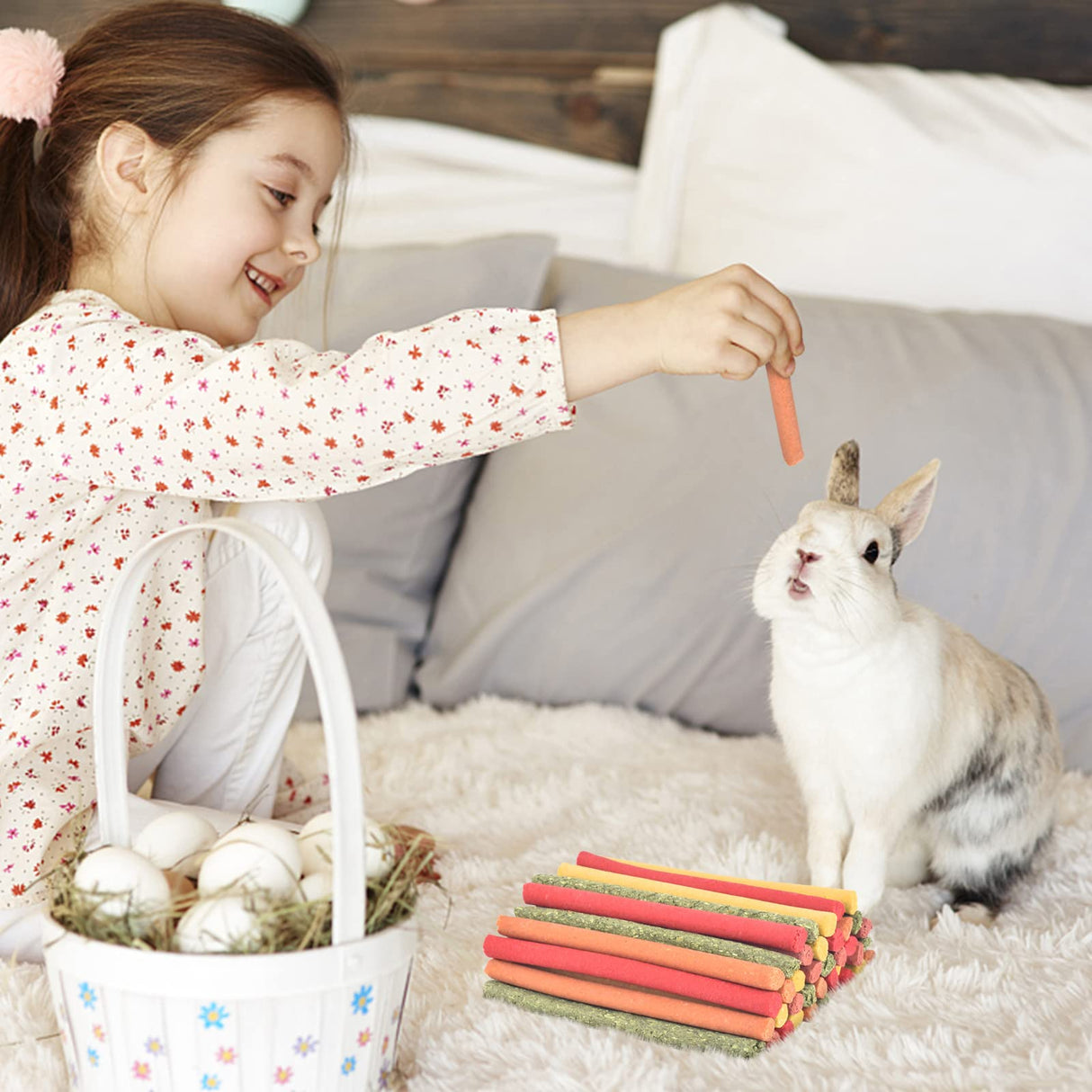 ERKOON 80Pcs Rabbit Timothy Hay Sticks, Five Flavors:PurplePotato/TimothyHay/Pumpkin/Strawberry/Carrot,Suitable Guinea Pig, Hamste, Gerbil, Chinchilla Treats, Chew Toys for Teeth for Bunnies 