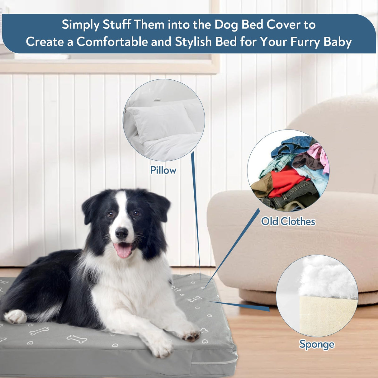 Waterproof Dog Bed Cover, Removable Dog Bed Covers Replacement Washable with Smooth Zipper, Indoor/Outdoor, Bone Print 44 x 54 x 4 Inch for Dog/Cat, Cover Only