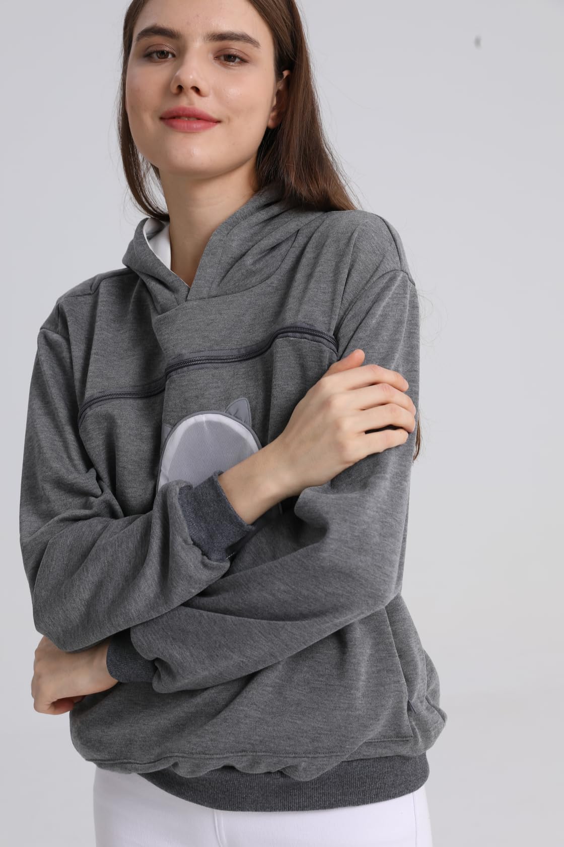 ALYC Pet Carrier Hoodie Cat Dog Pouch Holder Sweatshirt Large Pocket Pullover Shirt with Cat Ear for Women Dark Gray