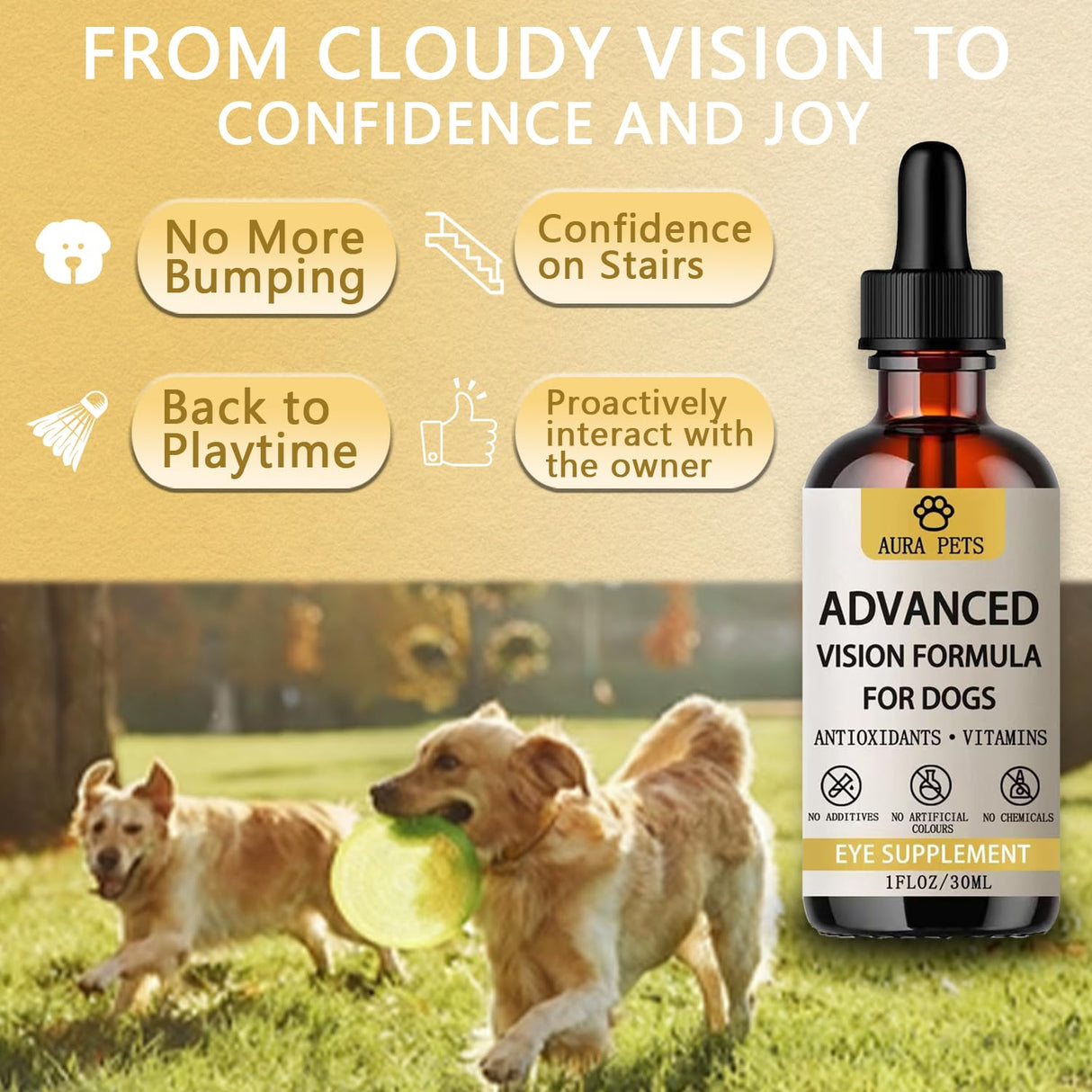Aura Pets Advanced Vision Formula for Dogs - Eye Health Support with Lutein, Zeaxanthin & Astaxanthin - Helps Maintain Clear Vision & Comfort - 30ml Liquid Supplement