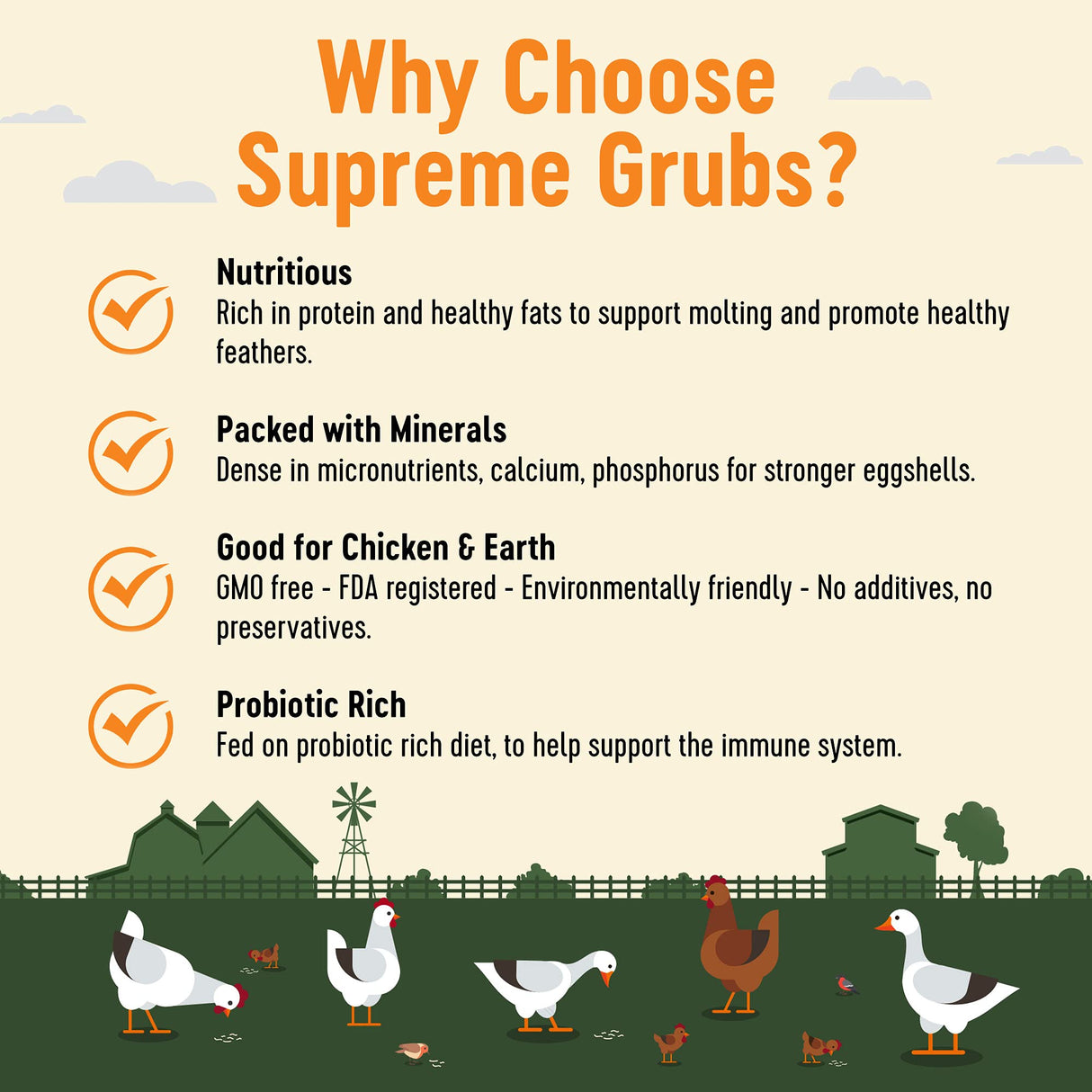 Supreme Grubs Natural Black Soldier Fly Larvae for Chickens, 85X More Calcium Than Mealworms-High Protein Grub Food Chicken Treats for Hens, Probiotic-Rich Chicken Feed, Calcium-Dense Bird Treat 5lb