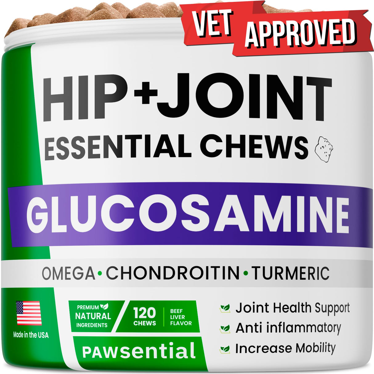 Pawsential Glucosamine for Dogs - Joints Health Treats w/Omega Fish Oil - Natural Joint Pain Relief - Canine Hip and Joint Supplement w/Chondroitin + MSM + Turmeric + Calcium - 120 Beef Chews