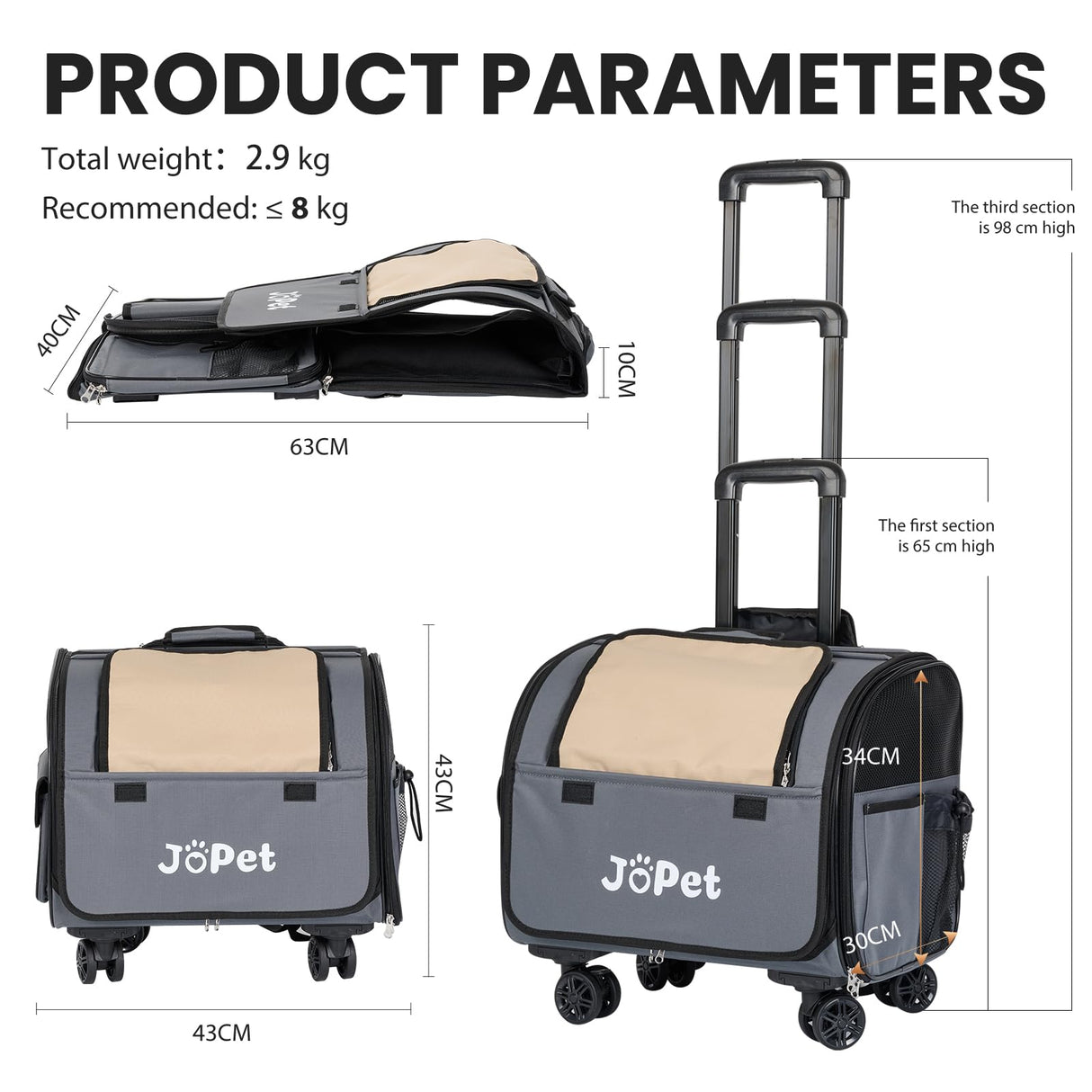 JoPet Pet Bag Carrier with Wheels, Pet Backpack with Wheels, Small Dog Carrier, cat Carrier, Detachable Wheels, Travel Bag, Pet Trolley, Soft Sided Carrier with Wheels, Foldable Carrier (Oat Grey)