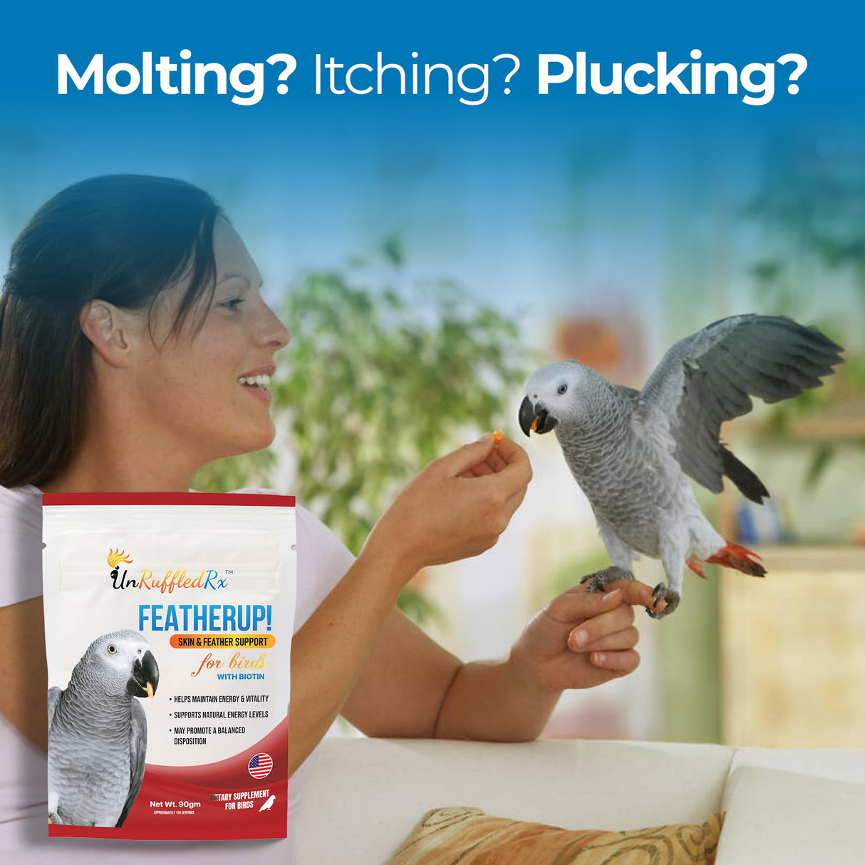 UnRuffledRx FeatherUp! Bird Molting Support & Feather Growth Supplement - for Plucking, Regrowth & Molt - Multivitamin & Amino Acids for All Birds - 90g (240 Servings)
