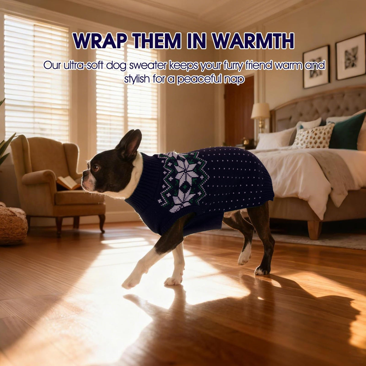 FUAMEY Dog Christamas Sweater, Warm Dog Sweater Classic Snowflake New Year Turtleneck Sweaters Knitwear Cold Weather Dogs Pullover for Small Medium Dogs Puppies & Cats Bulldogs Corgi with Leash Hole
