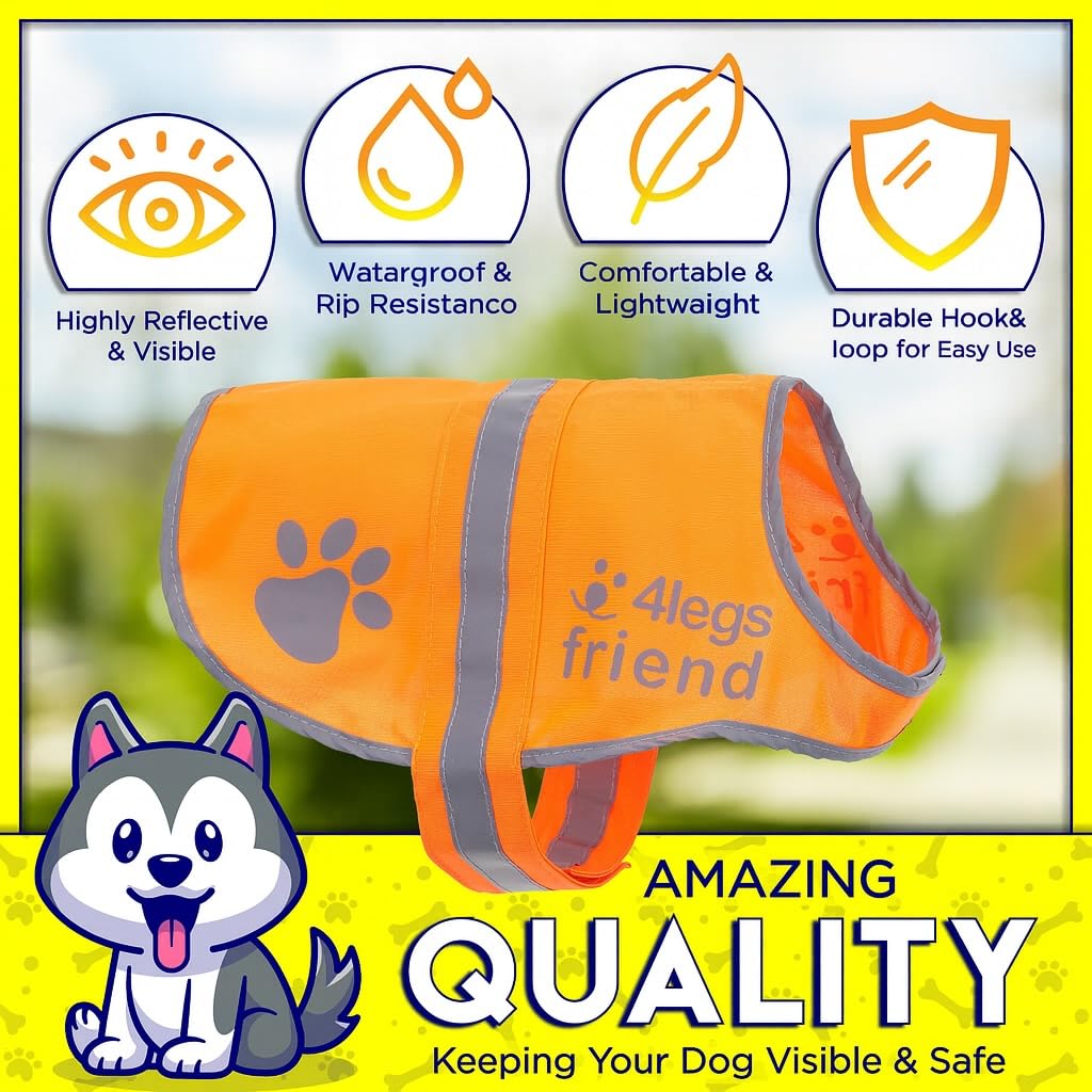 4LegsFriend Reflective Dog Vest. Hi-Visibility, Blaze Orange Oxford 300D Waterproof Dog Vest Helps Protect Your Best Friend. Safeguard Your PUP from Motorists & Hunting Accidents, On or Off Leash