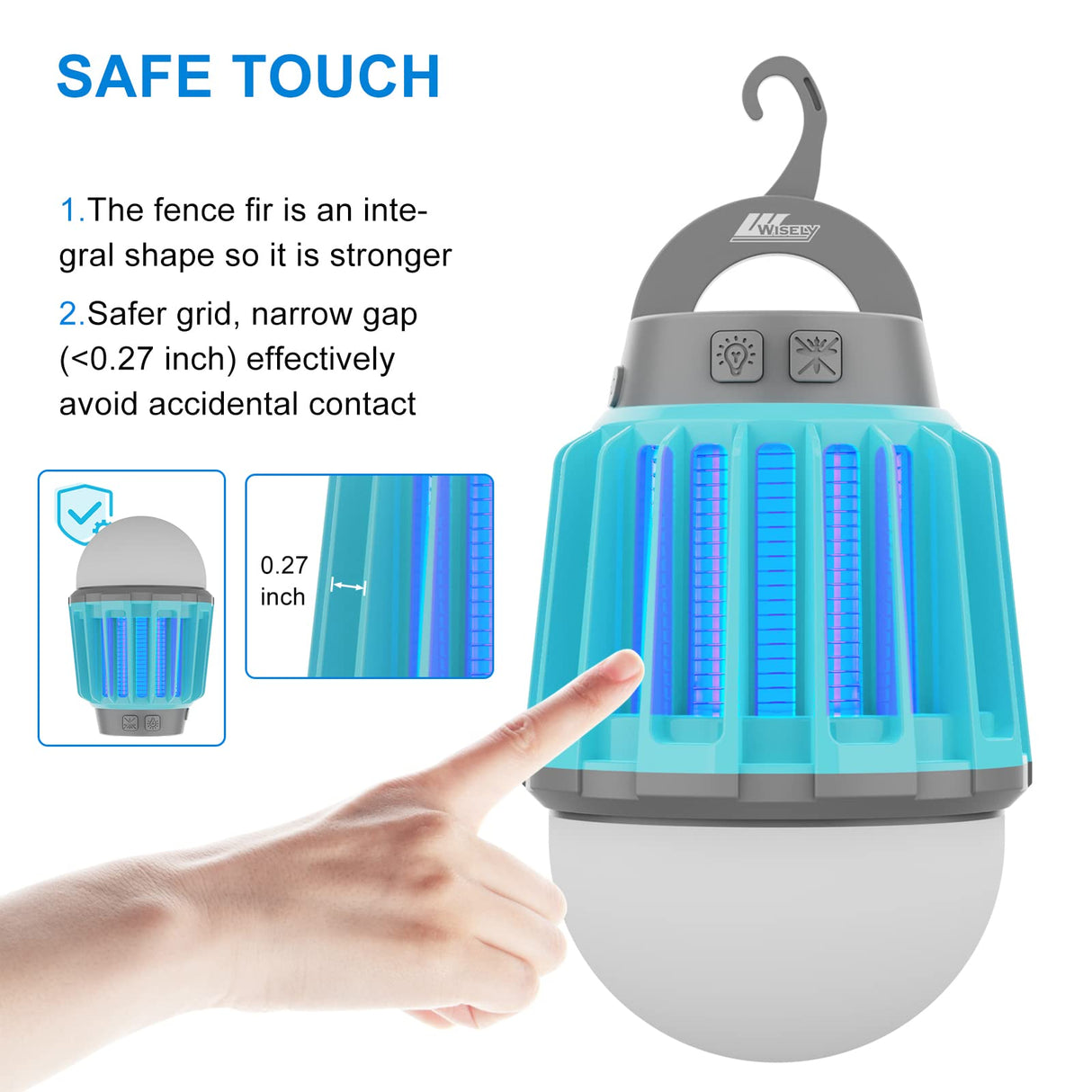 Wisely Bug Zapper Outdoor/Indoor Electric, USB-C Rechargeable Mosquito Killer Lantern Lamp, Portable Insect Electronic Zapper Indoor Trap, with LED Light Oceanblue