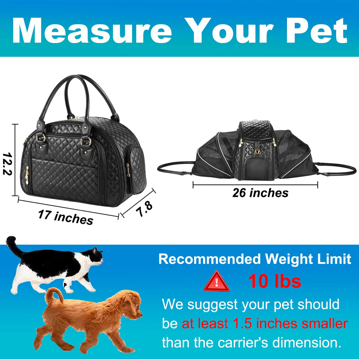 NewEle Dog Purse Carrier for Small Dogs, 2-Side Expandable Small Dog Carrier, Holds Up to 10lbs PU leather Pet Carrier, Cat Carrier, Airline Approved Puppy Purse Carrier for Travel (Black, Small Size)