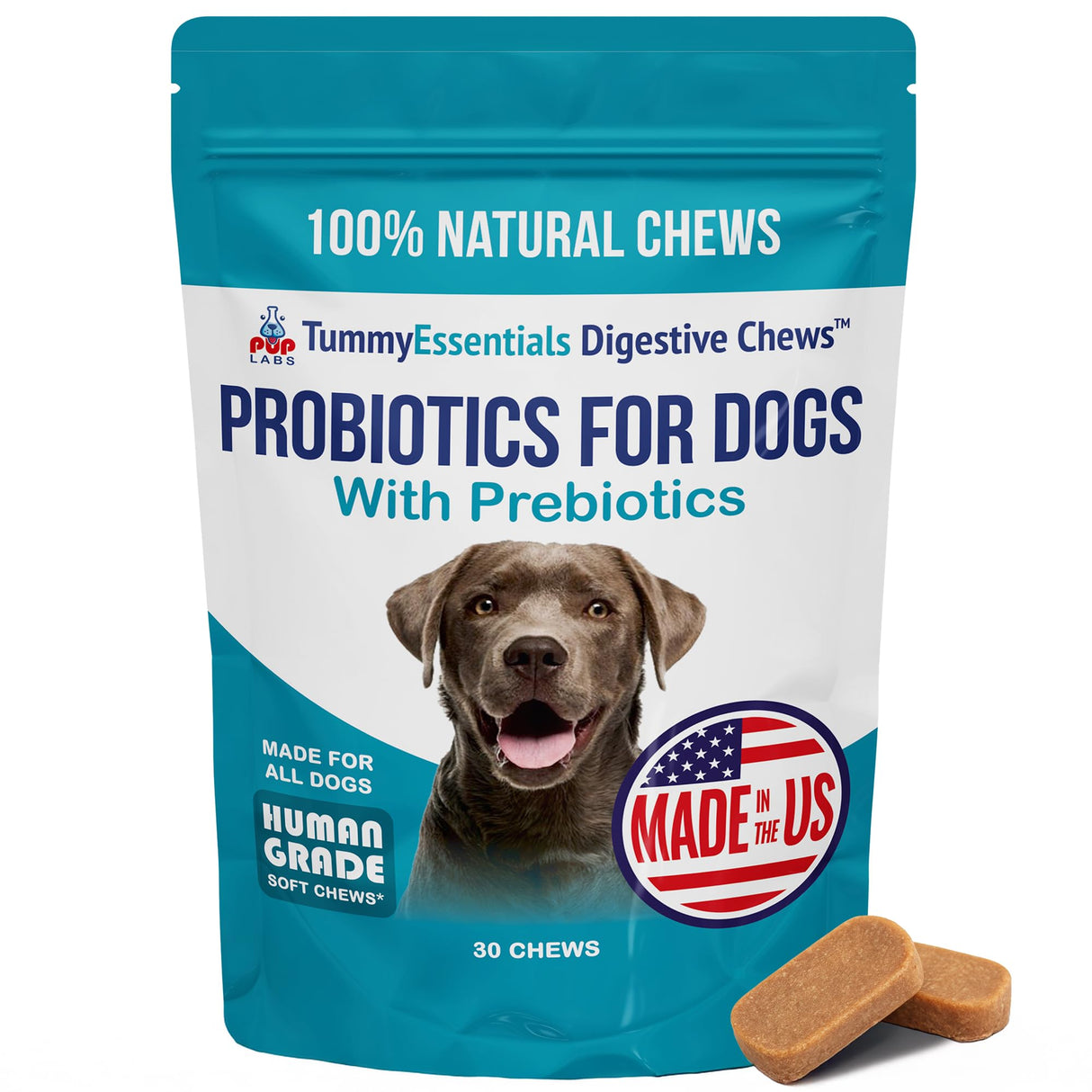 Pup Labs Tummy Essentials Probiotic Chews for Dogs, Supports Gut Health for Dogs and Firm Stools, Helps Eliminate Digestive Dysfunction, Dog Probiotics Made in The USA, 30 Chews