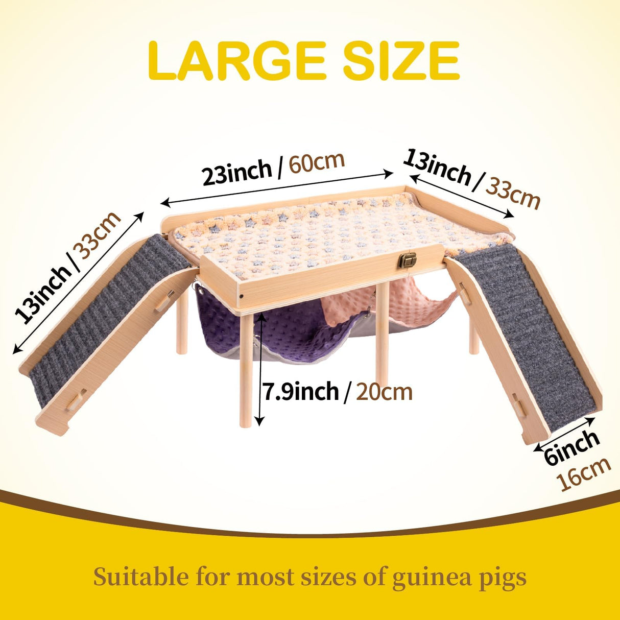 BESNEW Enlarged Guinea Pig Hammock with Platform and Stairs,Wooden Foldable Piggies Hideout for Guinea Pigs Bunny Ferret Hamster Hiding Sleeping Activities 24L x 12W x 11H in(Double)