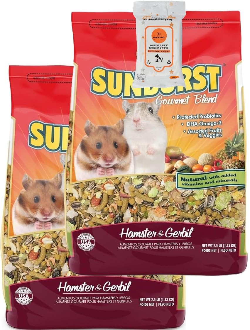 Aurora Pet Bundle (2) Higgins Sunburst Gourmet Blend Gerbil & Hamster Food (2.5 lb Each) with AuroraPet Wipes
