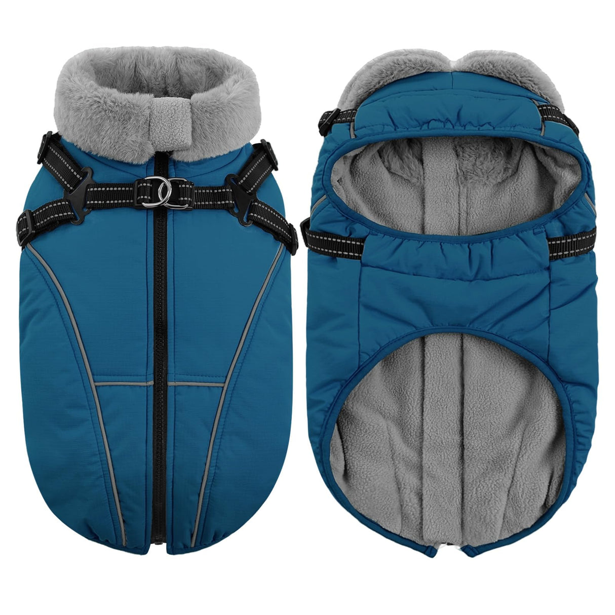 Queenmore Dog Coat,Windproof Dog Coat for Medium Dogs,Dogs Jackets with Harness Built in,Waterproof Doggy Coats with Zipper On Back,Reflective Cold Weather Coats for Dachshund,Boston Terrier,Blue,M