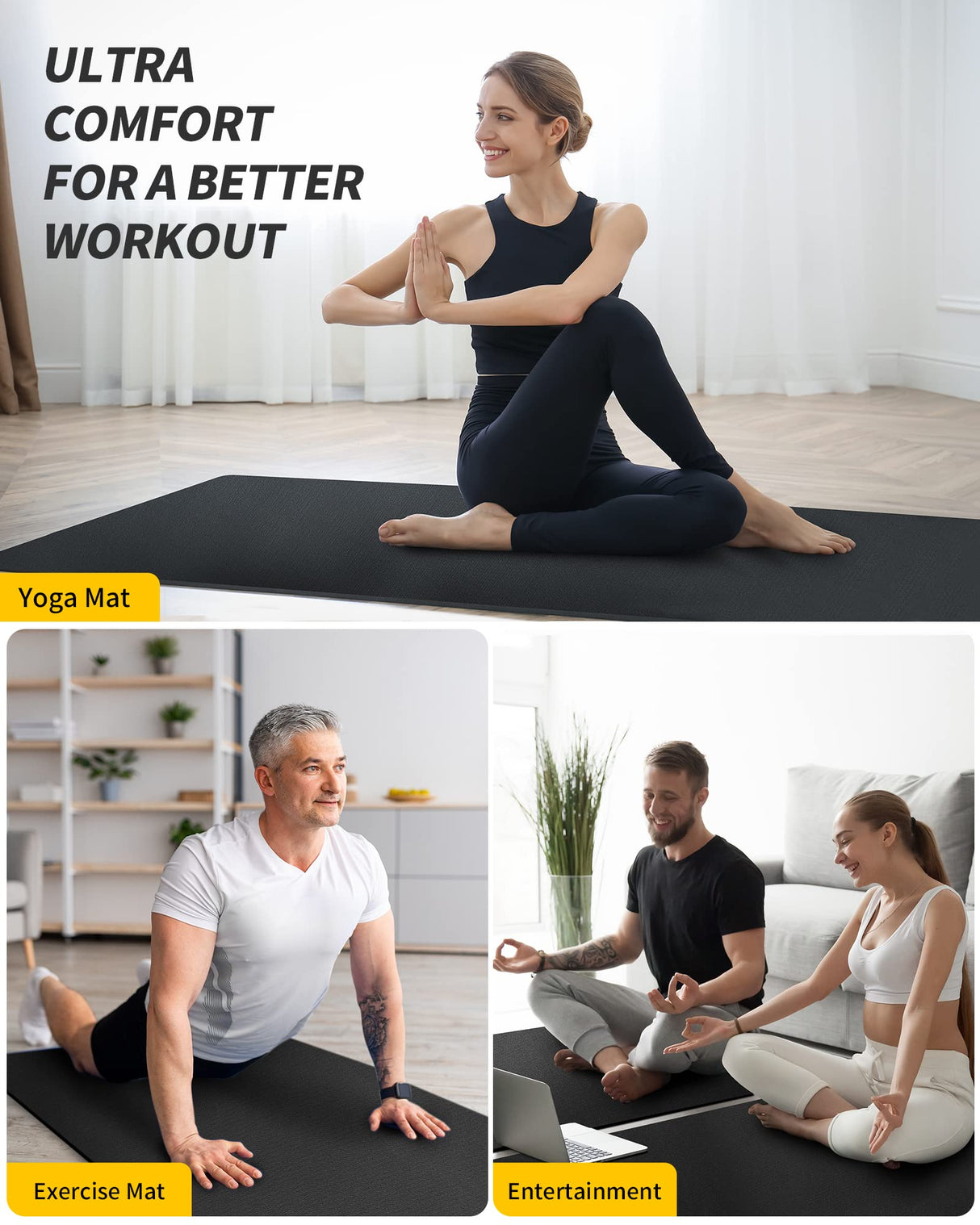 CAMBIVO Yoga Mat for Women and Men, Extra Long and Wide Exercise Mat(84" x 30" x 1/4 inch), Large Non Slip Workout Mat for Yoga, Pilates, Fitness, Barefoot Workouts, Home Gym Studio(Black)