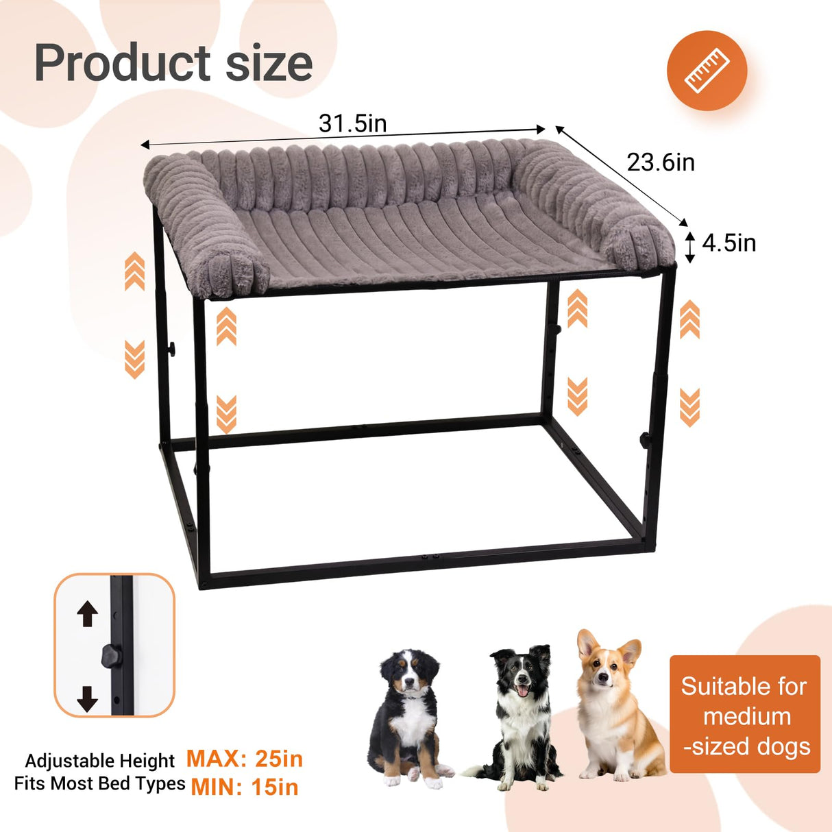 Large Bedside Dog Bed for Medium & Large Dogs, Height Adjustable Cosleeper Next to Human Bed, Elevated Sturdy Frame with Washable Cushion for Heavy Dogs