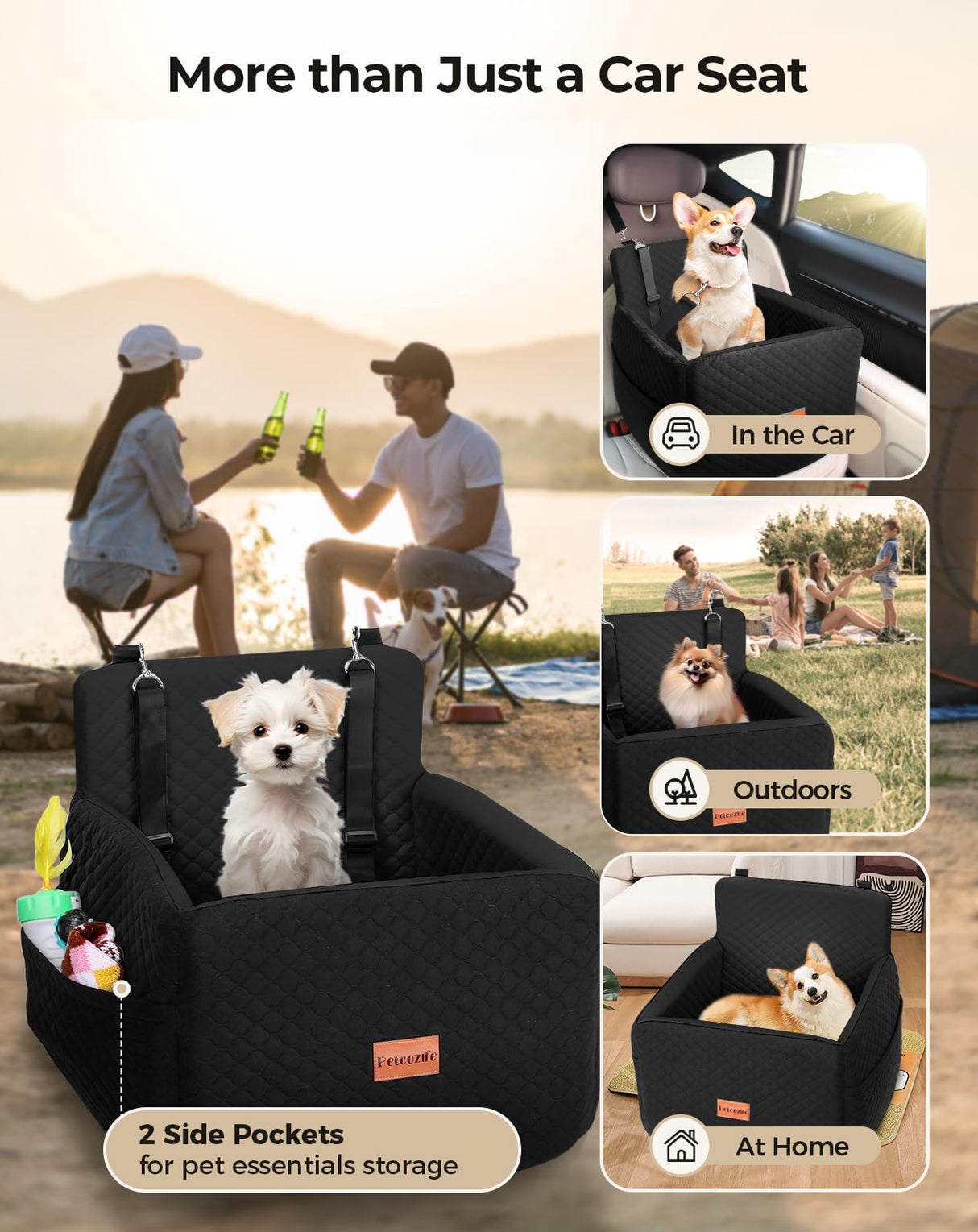 Petcozife Dog Car Seat for Small & Medium Dogs Under 35lbs, Detachable & Washable Pet Car Seat, Interior Height 6 Inches Pet Travel Bed with Storage Pockets and 2 Dog Safety Belts (Black)