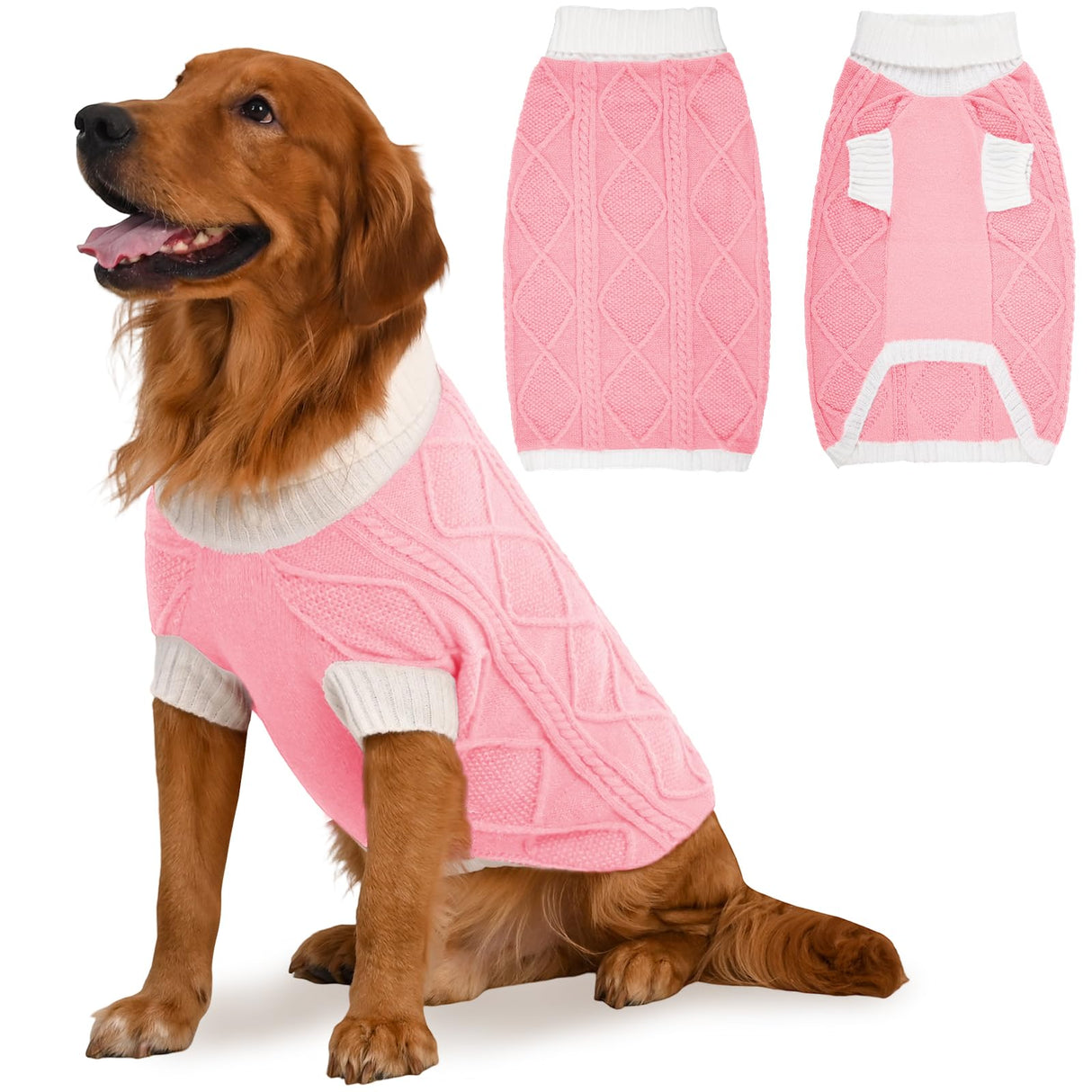Lorehelina Dog Sweater for Large Dogs Argyle Cable Knit Turtleneck Pullover Winter Clothes for Boys Girls Stretch Golden Retriever Bulldog Pitbull Labrador Doberman Christmas Pet (XXL, Pink)